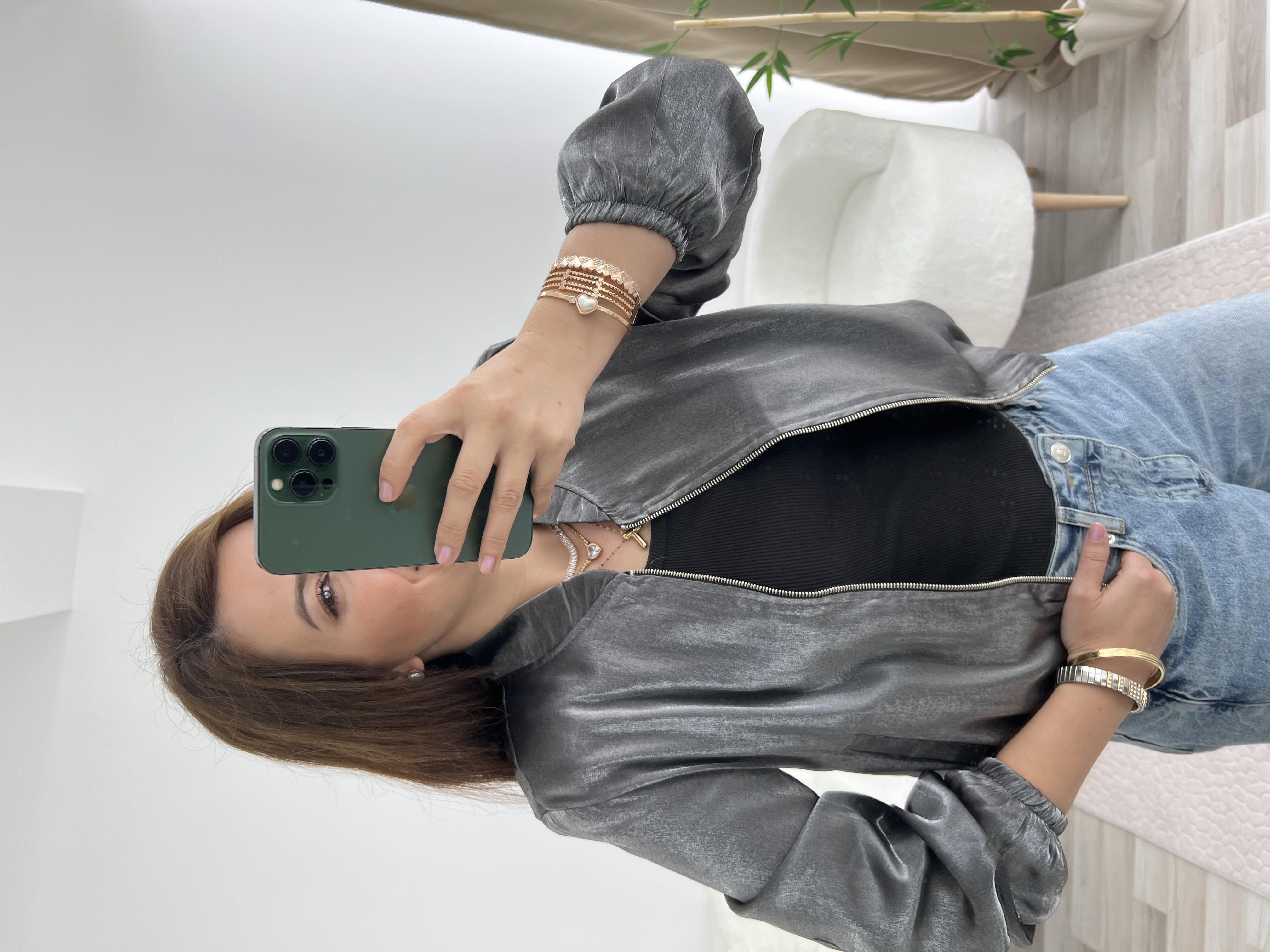 PARLAK GRİ BOMBER CEKET