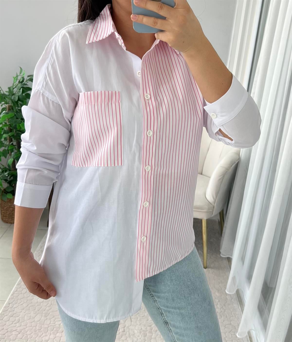 Pembe Çizgili Asimetrik Kesim Kadın Gömlek