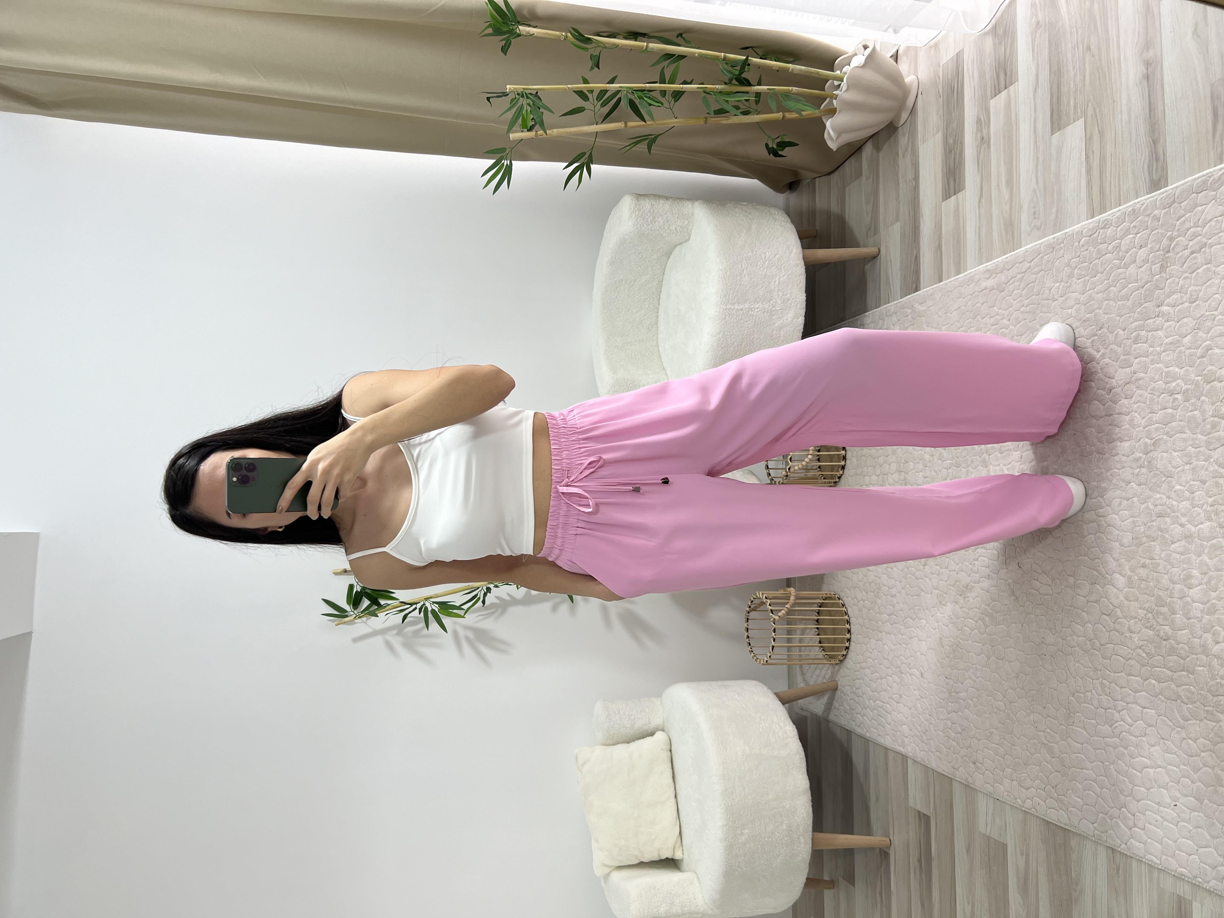 PEMBE GENİŞ PAÇA BELİ LASTİKLİ PANTOLON