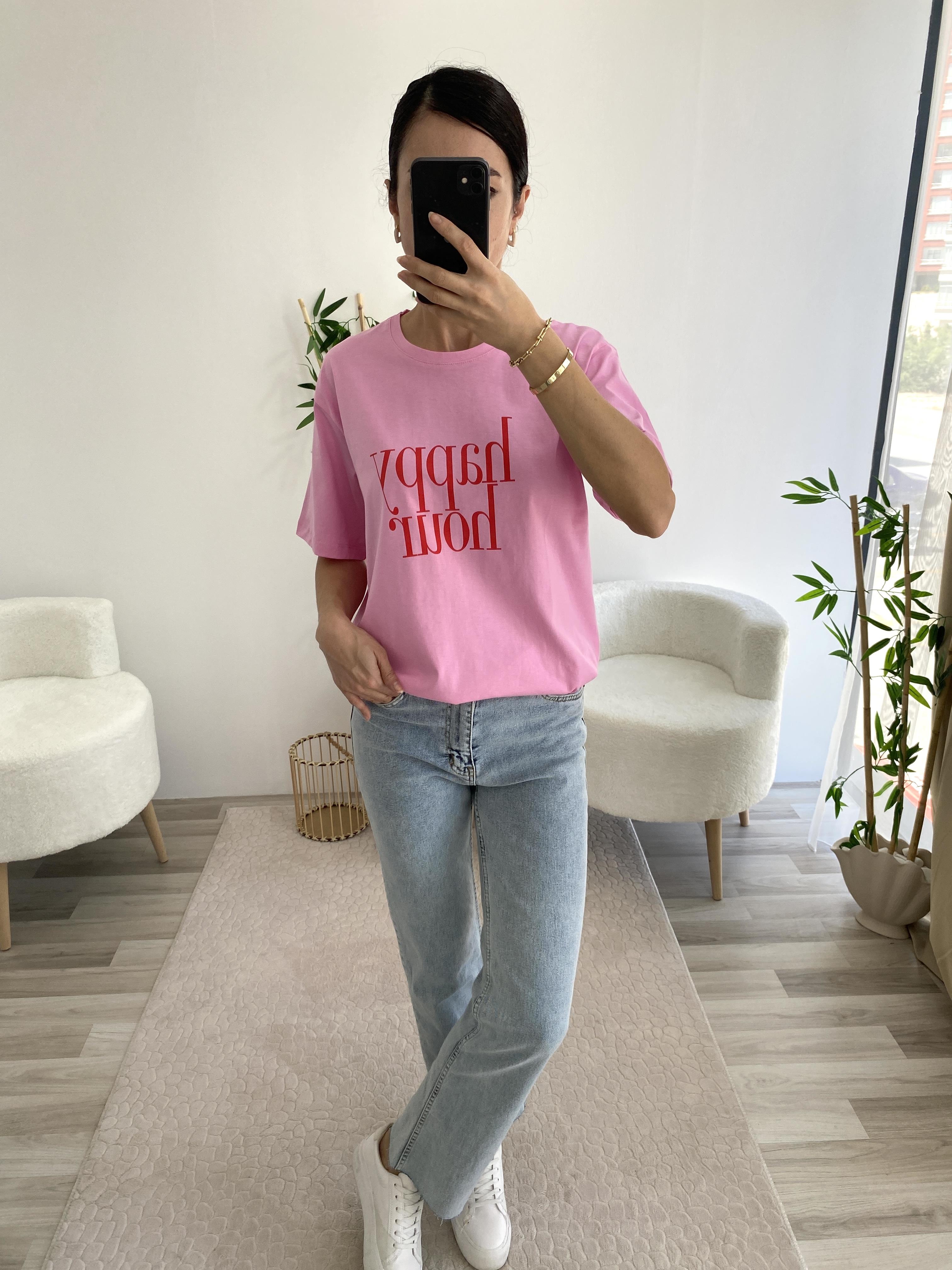 PEMBE HAPPY HOUR BASKILI TİŞÖRT