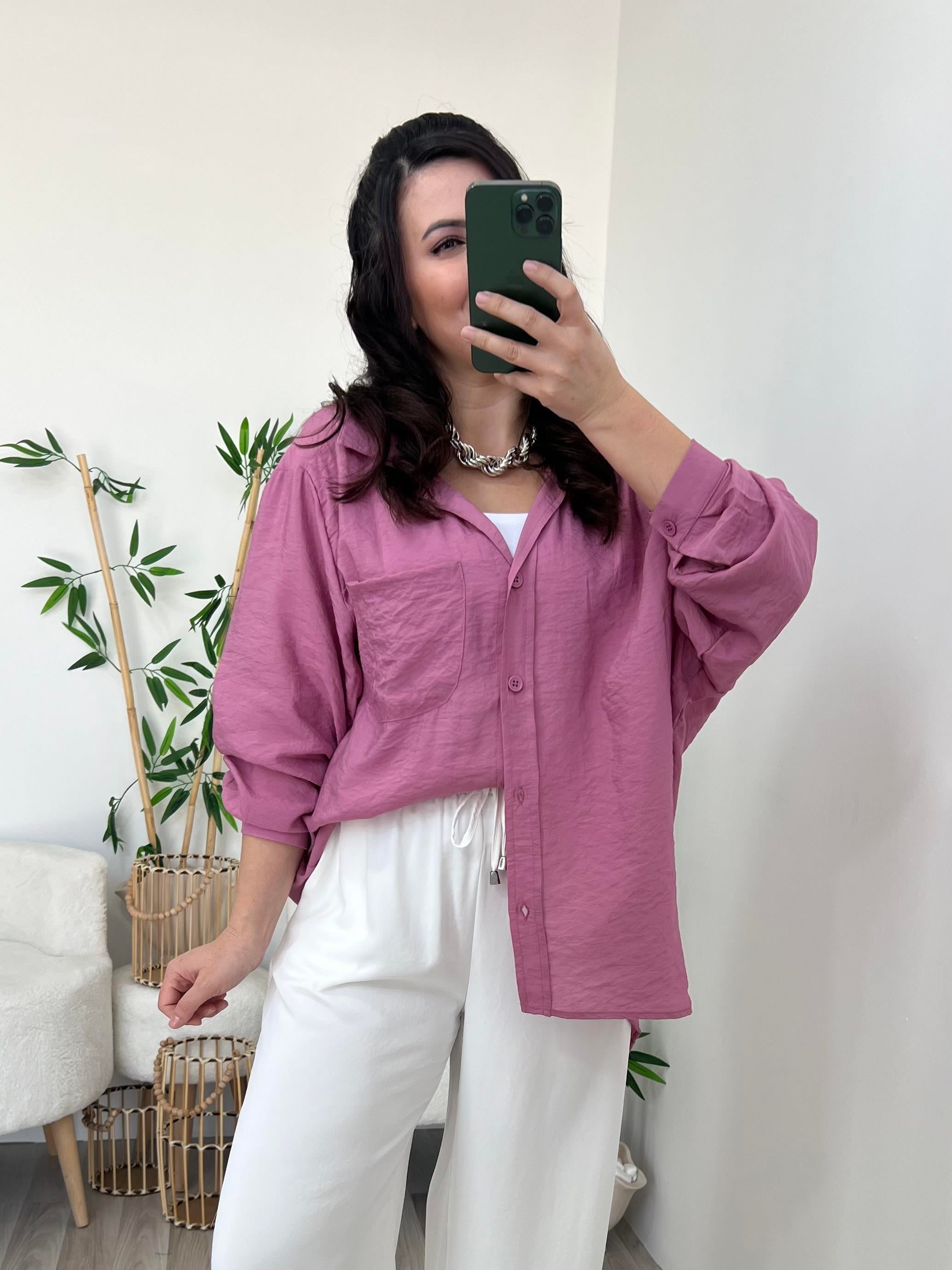 Pembe Tensel Geniş Kesim Gömlek