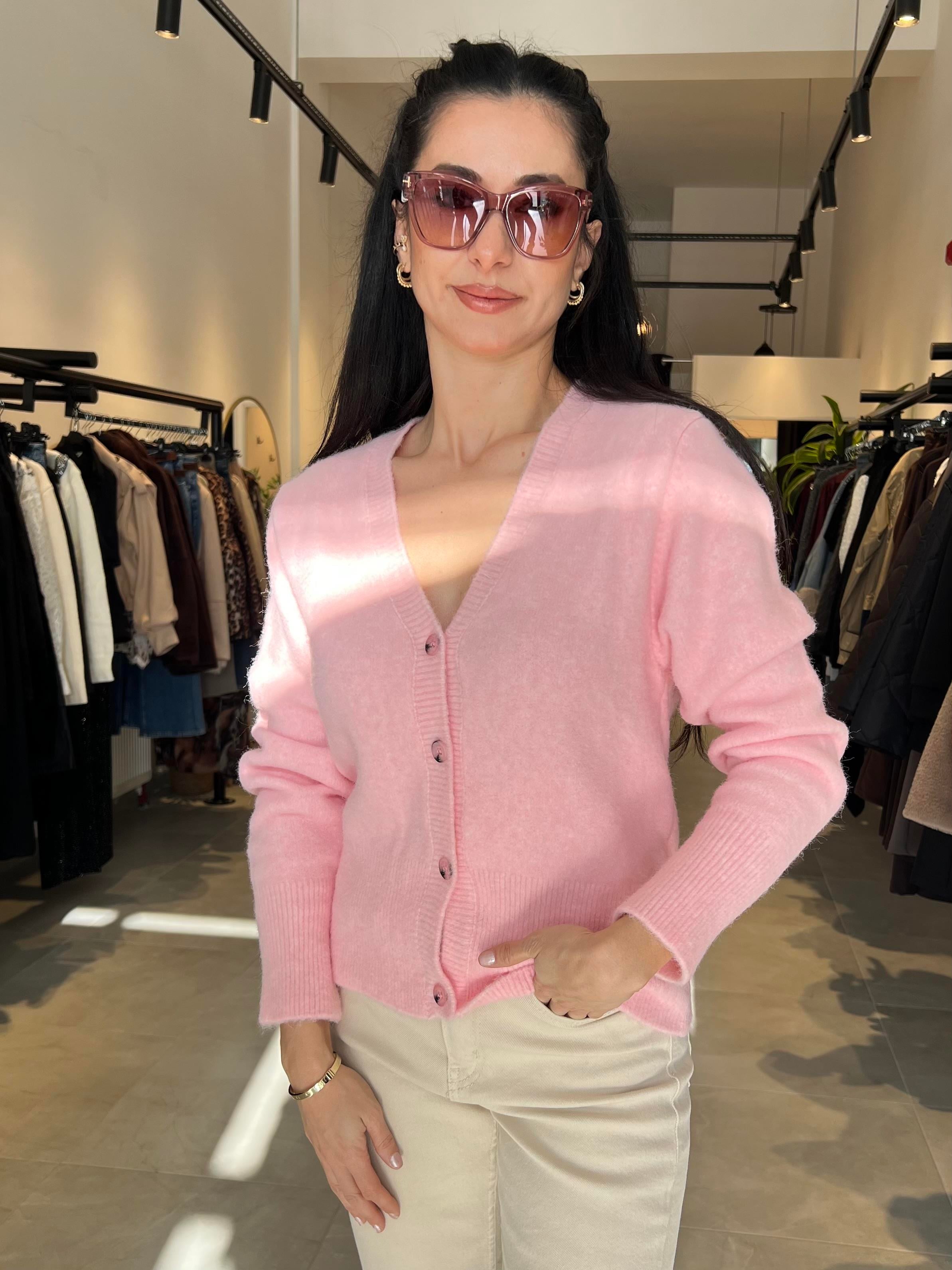 Pembe V Yaka  Önü Düğmeli Hırka