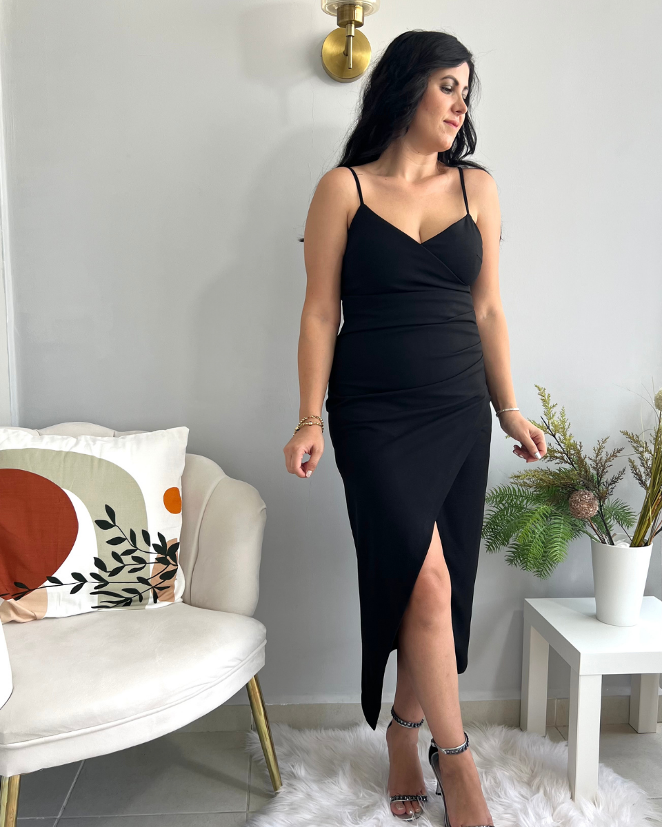 Siyah Askılı Drape Elbise