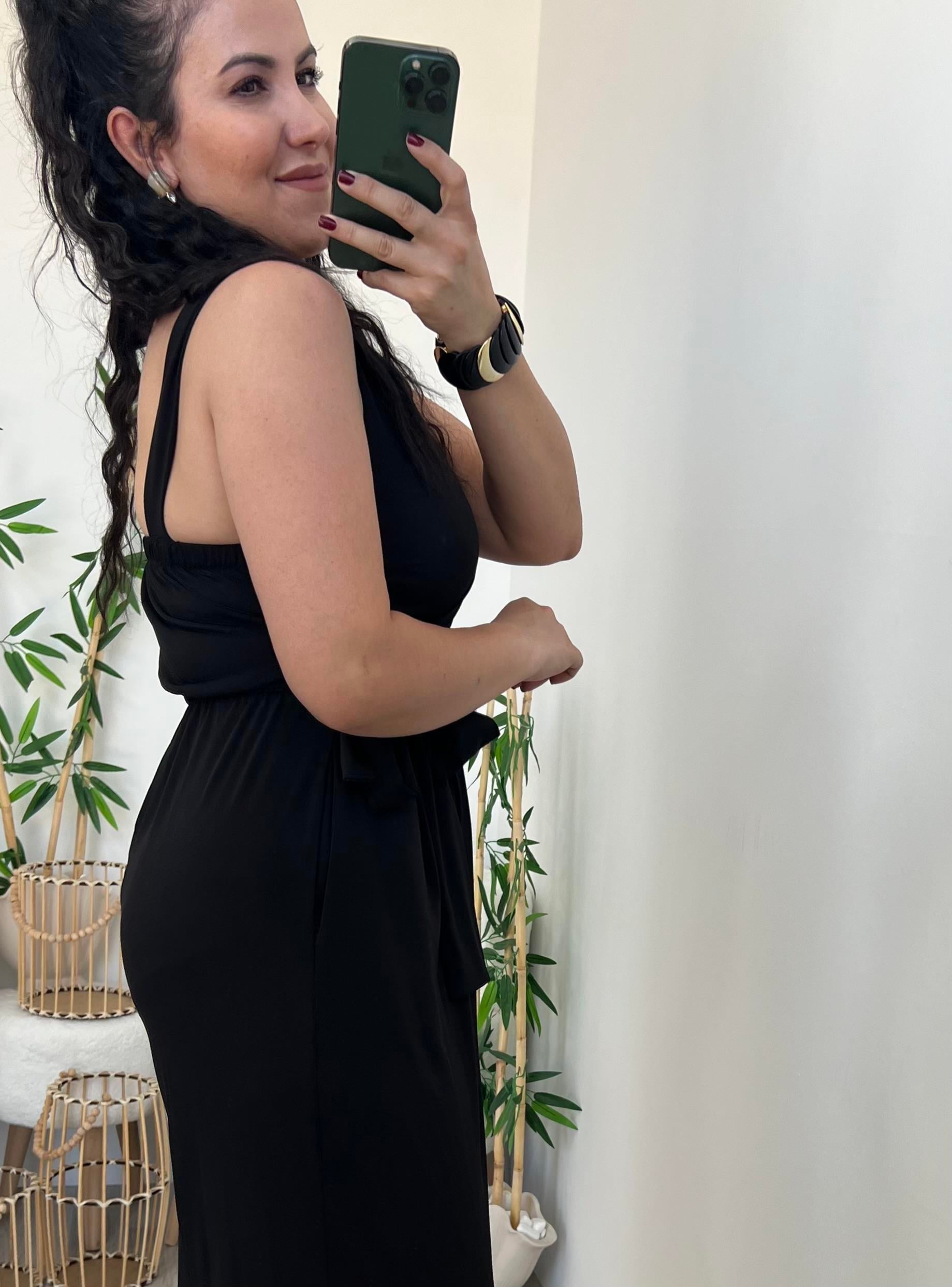 Siyah Bağlama Detaylı Jarse Kumaş Tulum