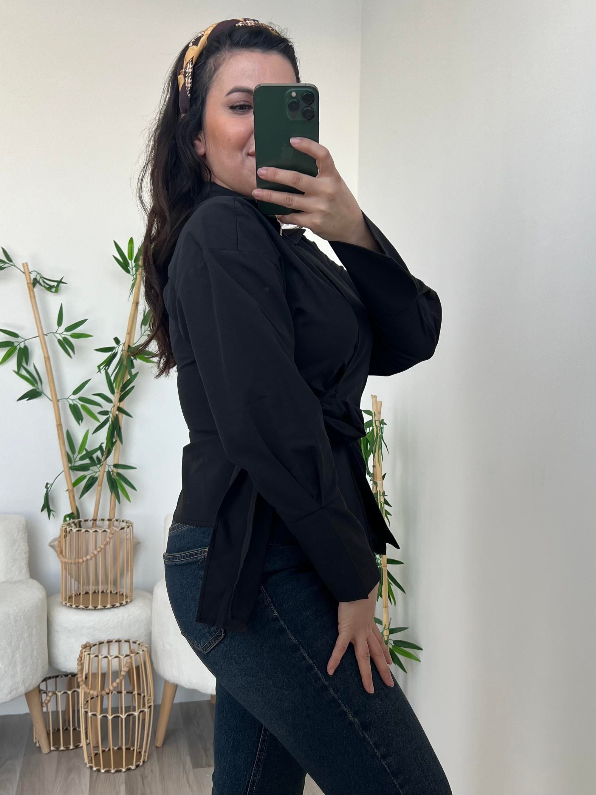 Siyah Bağlamalı Poplin Gömlek