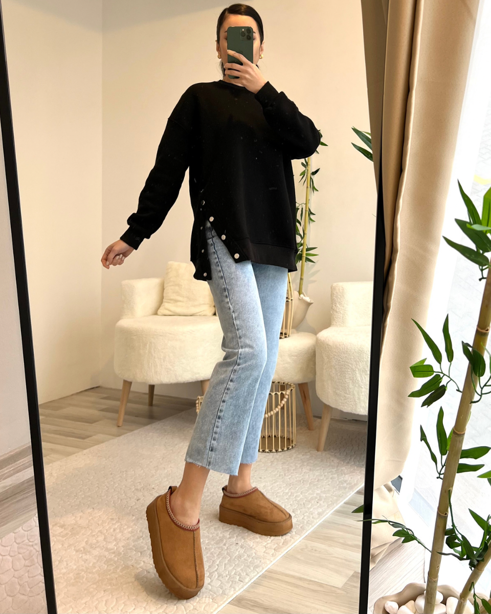 SİYAH ÇIT ÇIT DETAYLI OVERSİZE SWEAT