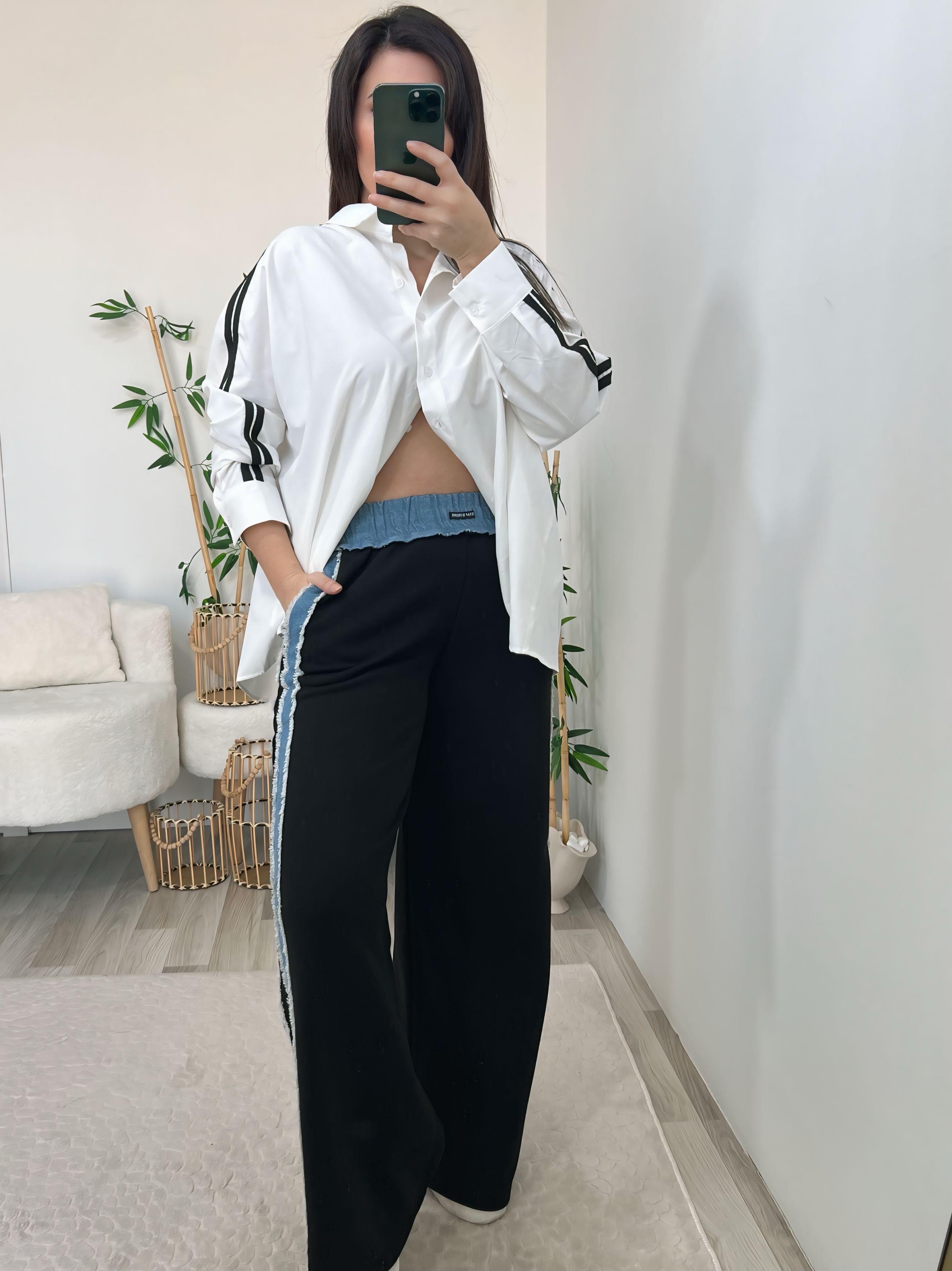 Siyah Denim Detaylı Beli Lastik Pantolon