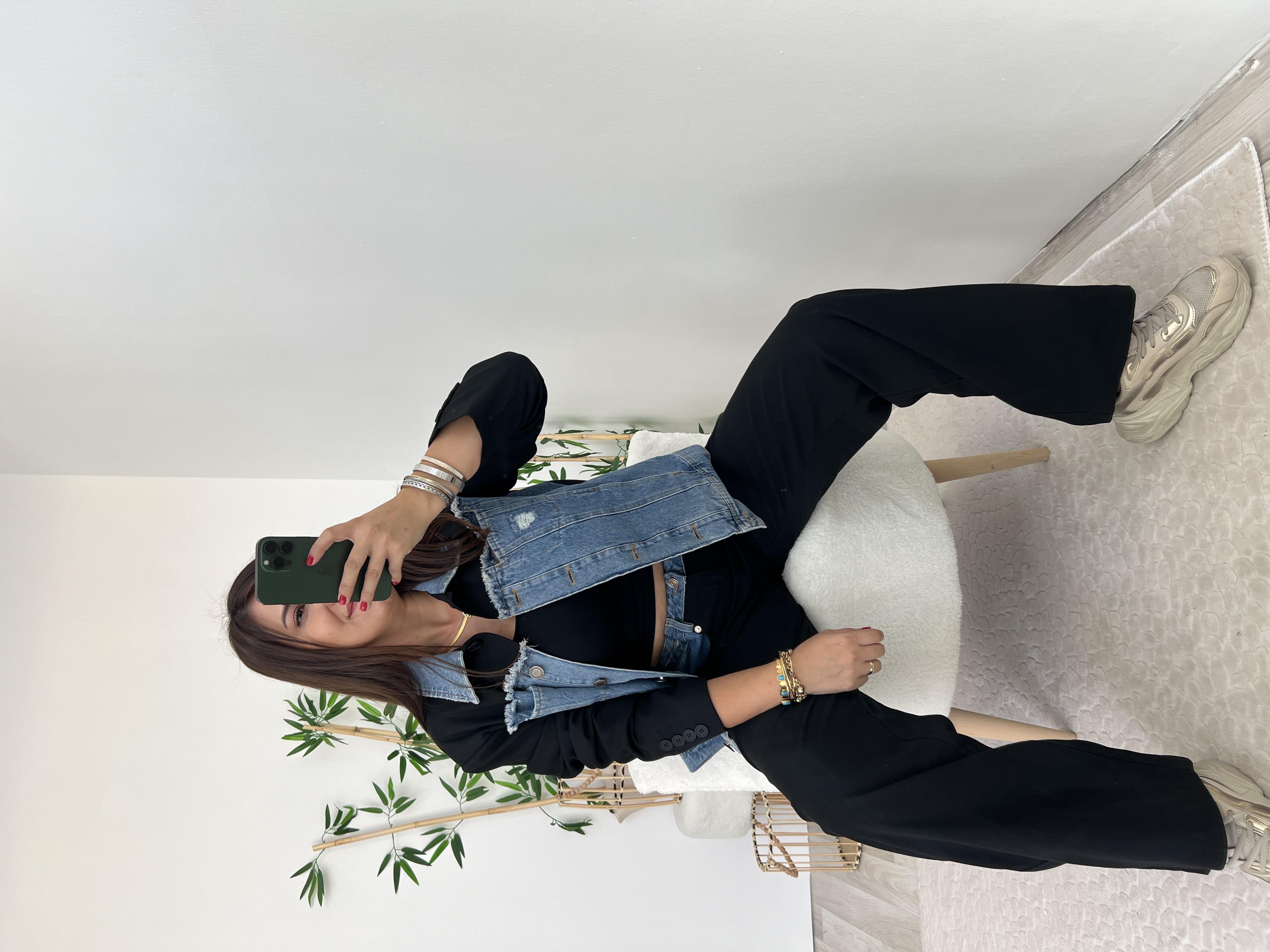 Siyah Denim Detaylı Pantolon Ceket Takım