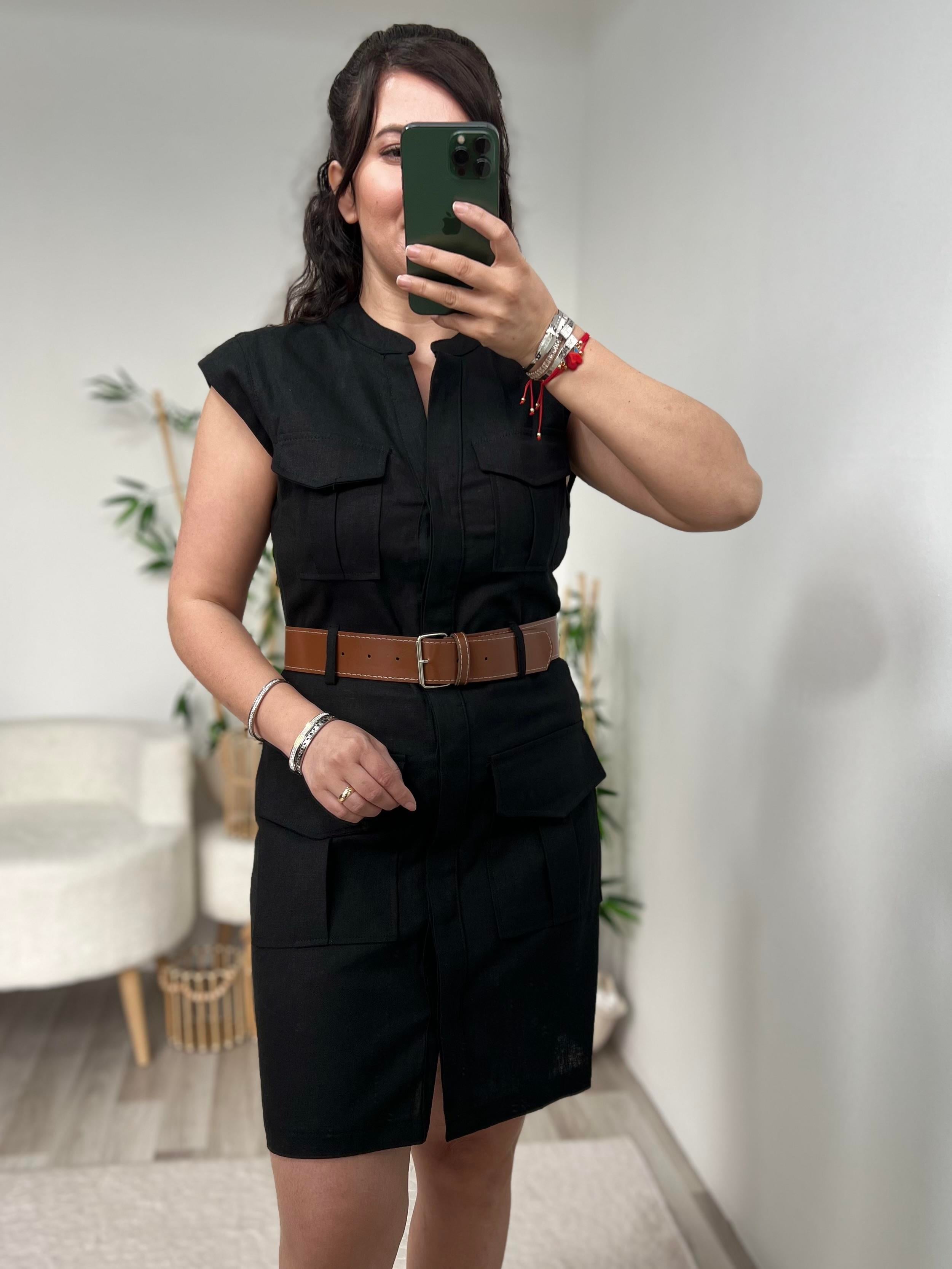 Siyah Kemerli Keten Elbise