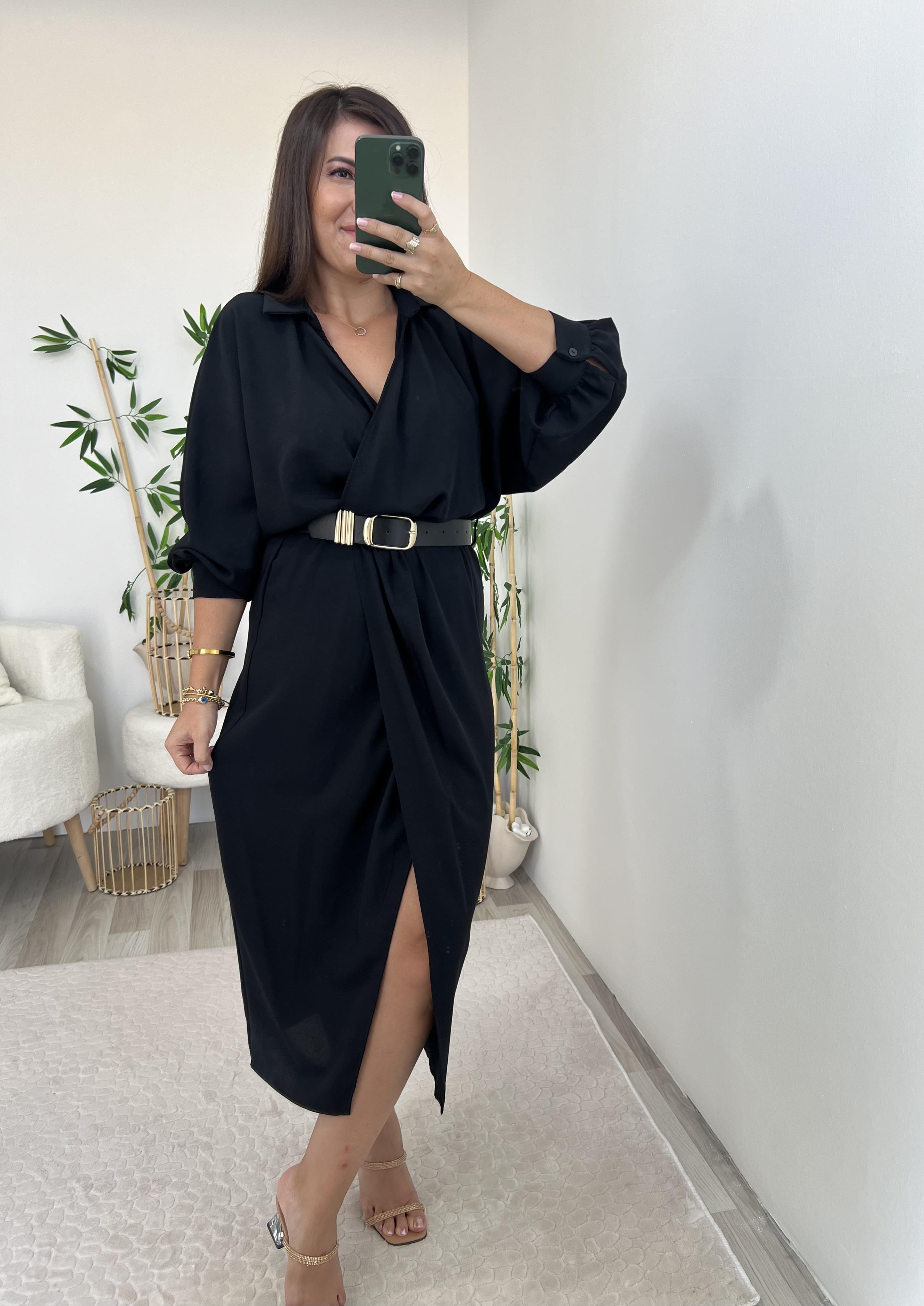 SİYAH KRUVAZE KEMERLİ ELBİSE 