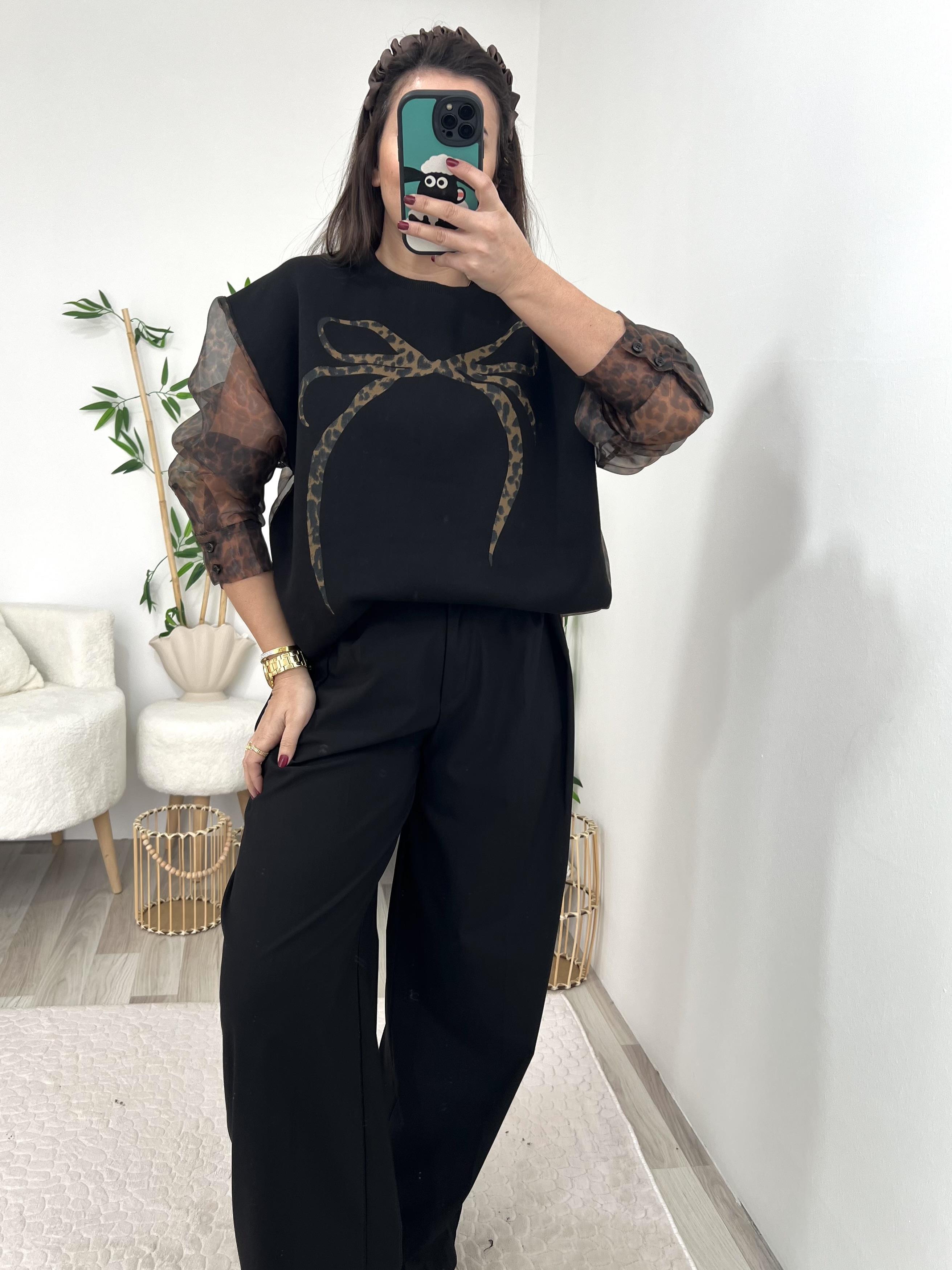 Siyah  Leopar Tül Geçişli Tasarım Sweat