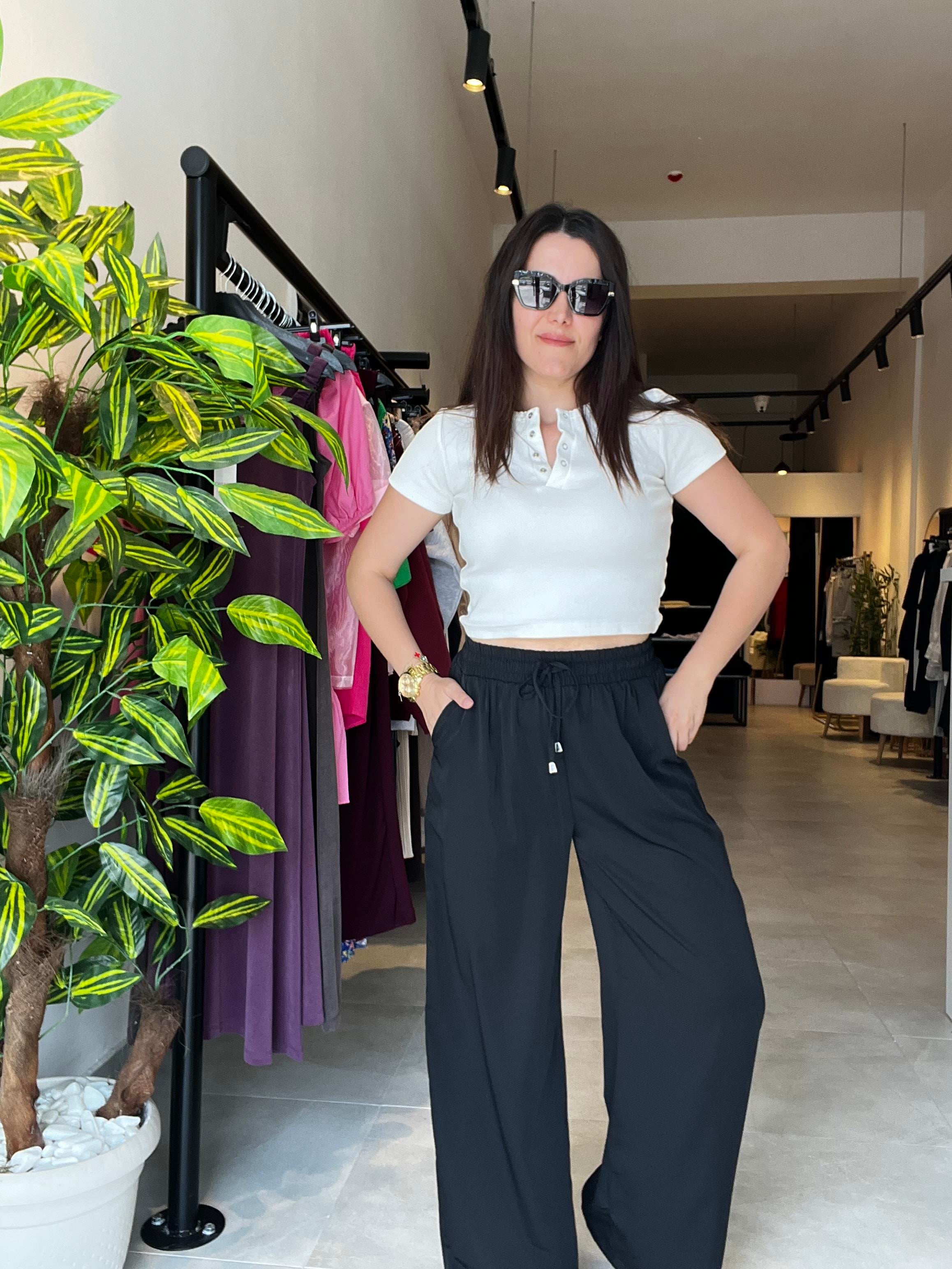 Siyah Mevsimlik Beli Lastikli Palazzo Pantolon