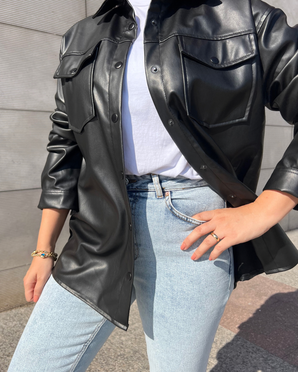 Siyah Oversıze Deri Gömlek