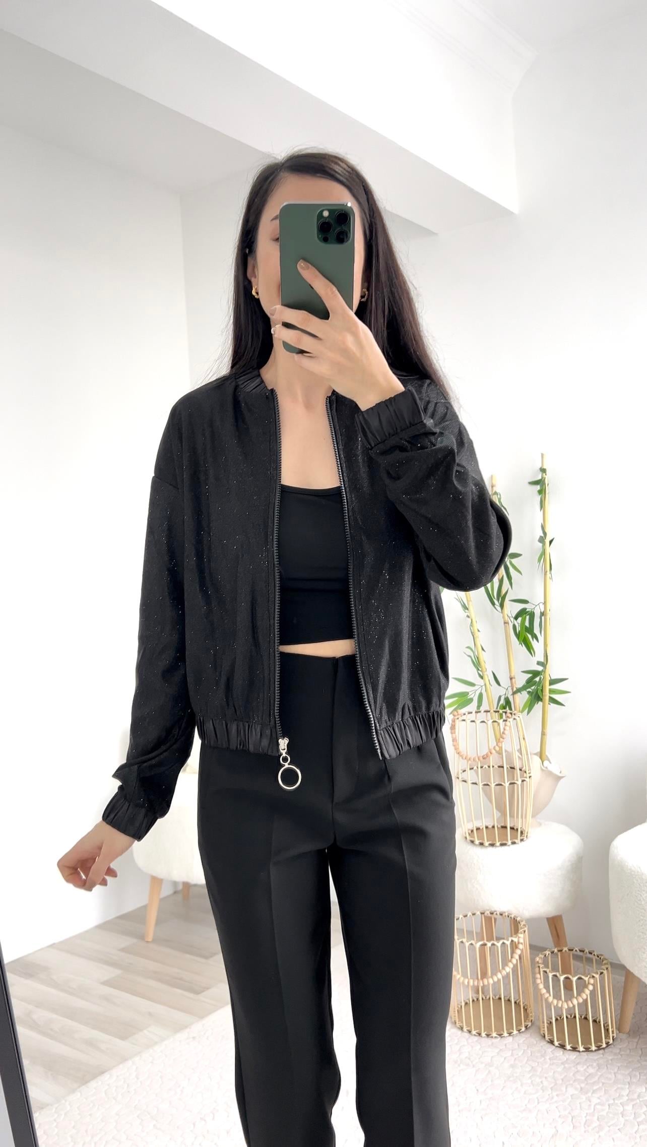 SİYAH SİMLİ SATEN GEÇİŞLİ BOMBER CEKET