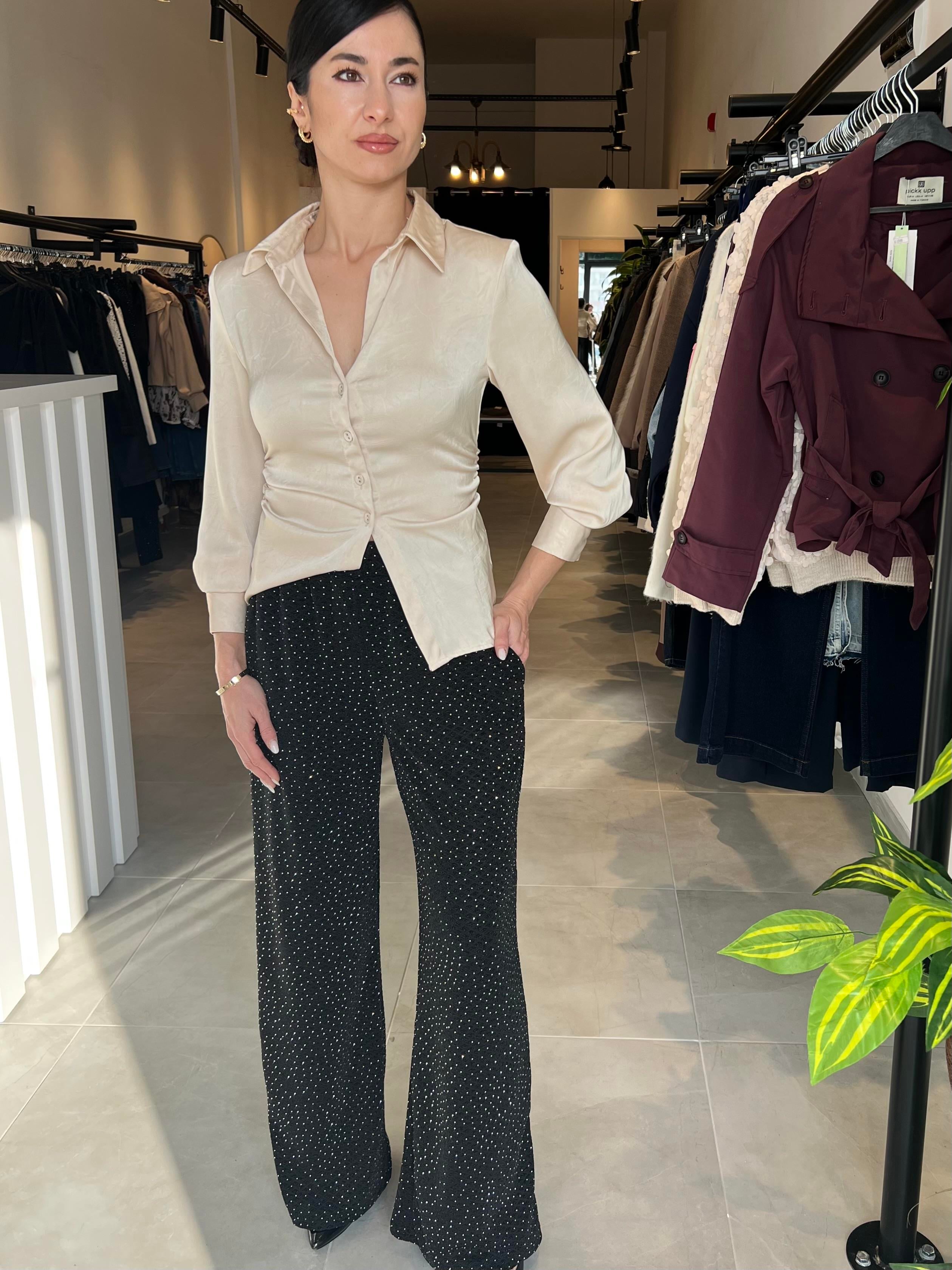 Siyah Taşlı Crep Kumaş Beli Lastikli Pantolon