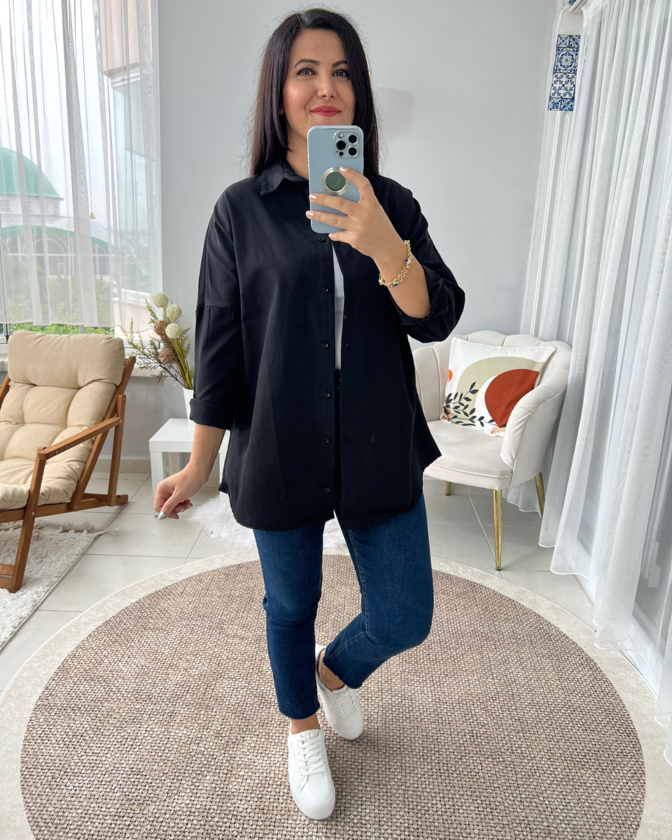 Siyah Uzun Oversıze Basic Gömlek 