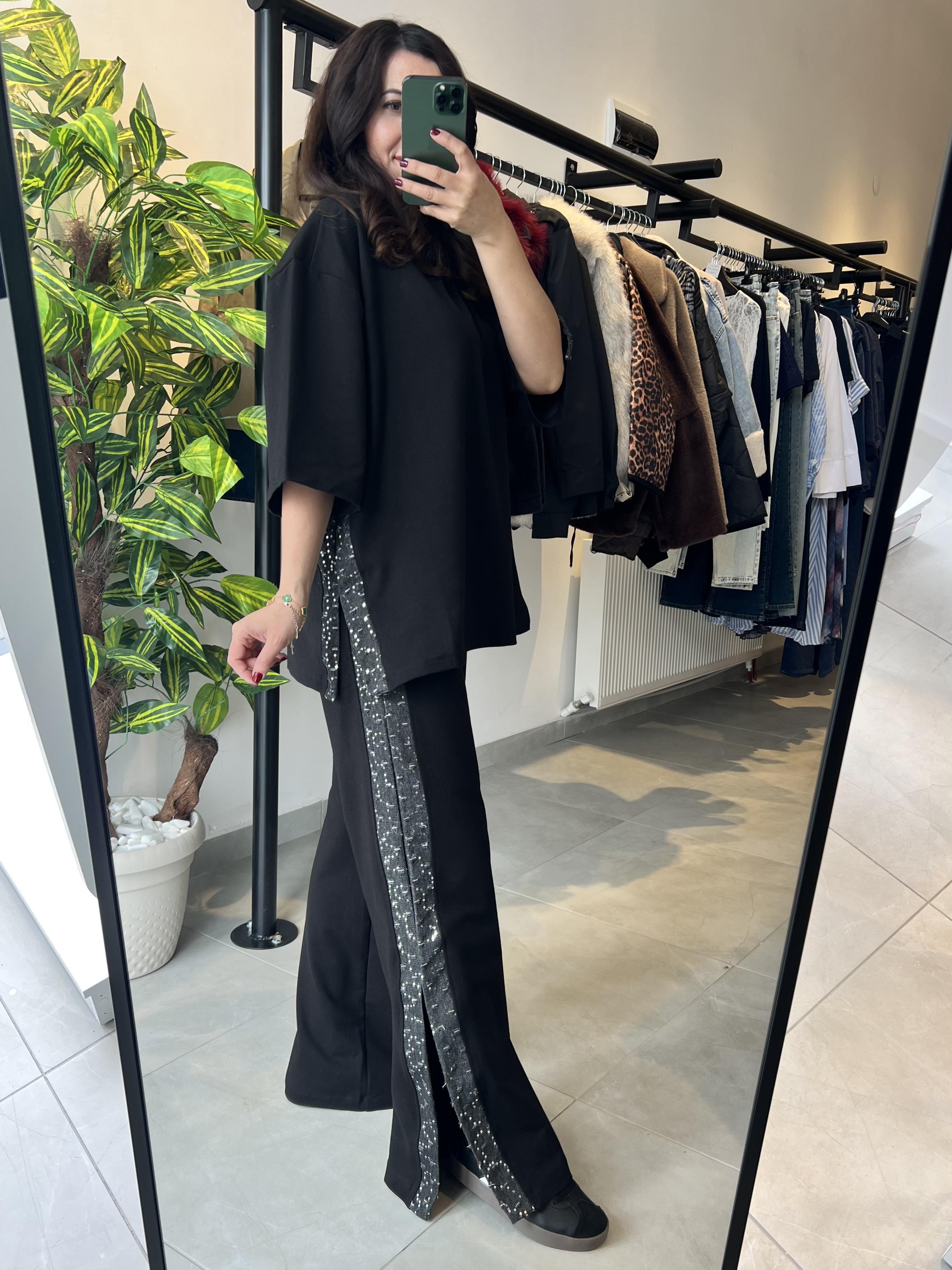 Siyah Yanları Jean Ve Taş Şerit Geçişli İkili Takım