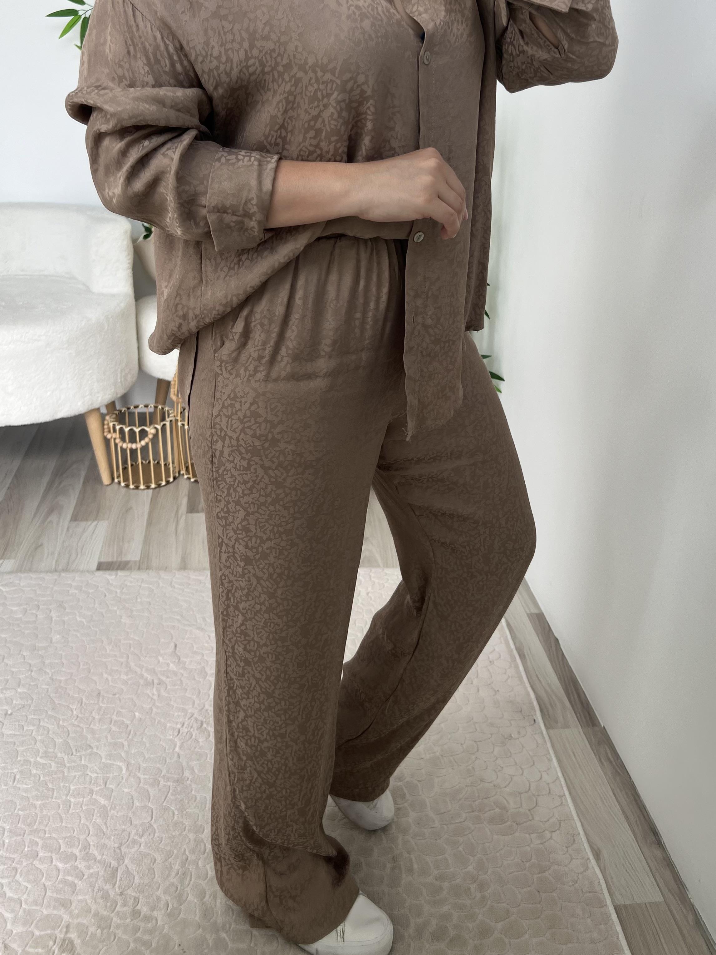 Süt Kahve Saten Desenli Pantolon