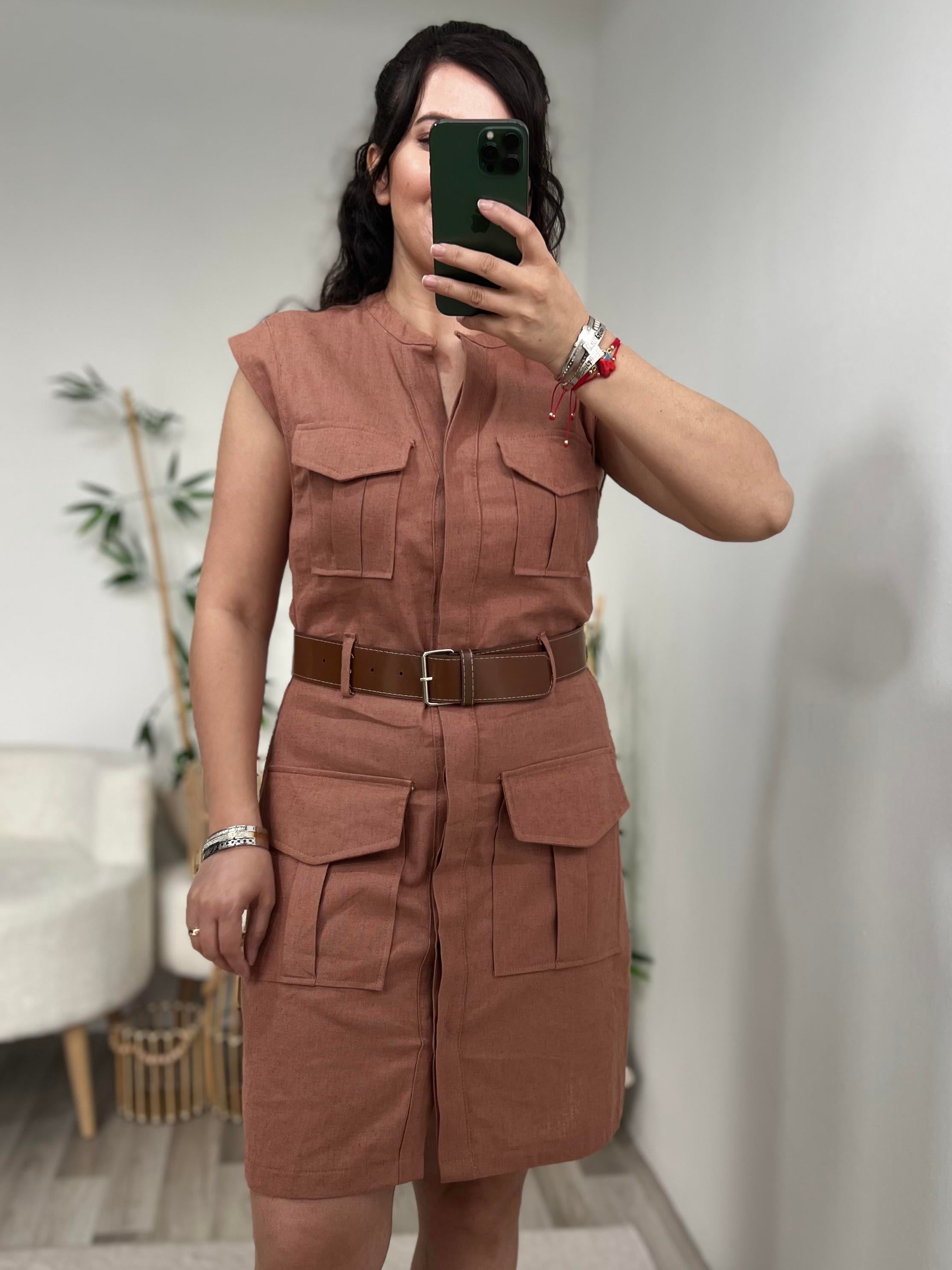 Taba Kemerli Keten Elbise