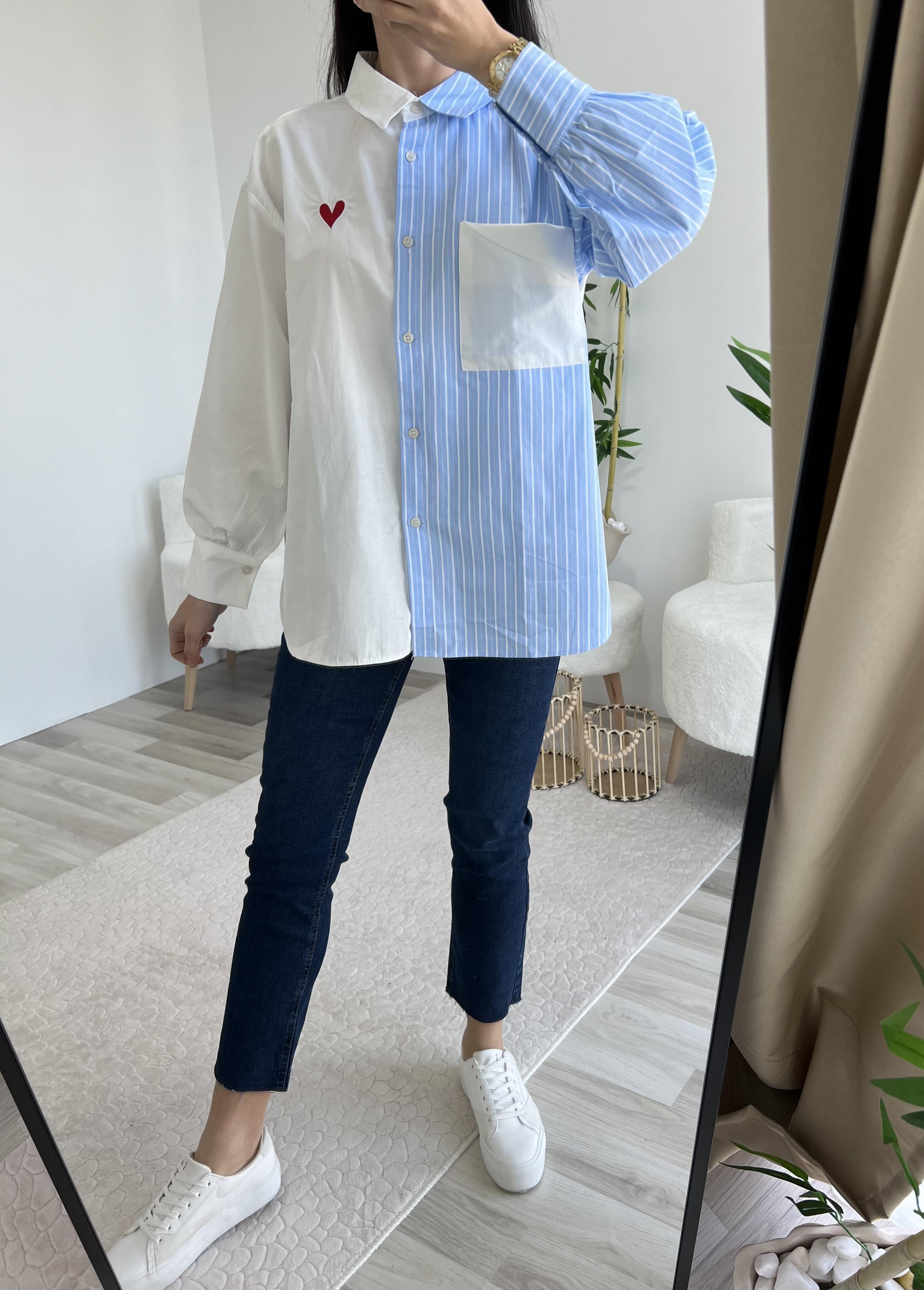 TASARIM KALP DETAYLI ÇİZGİLİ GÖMLEK