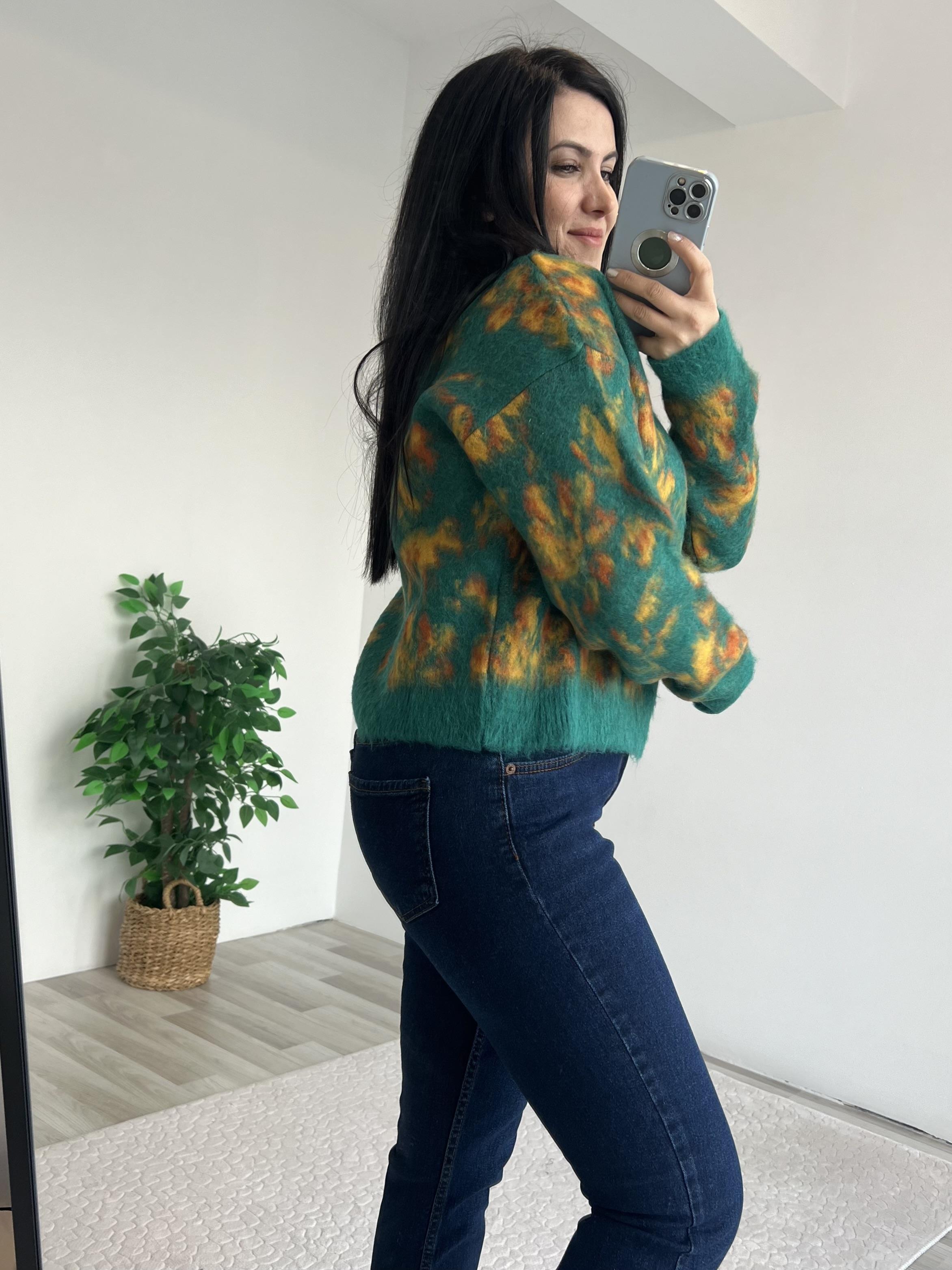 Yeşil Bisiklet Yaka Desenli Kazak