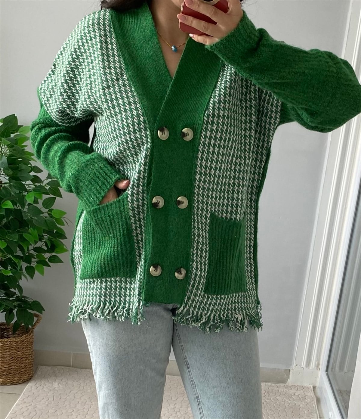 YEŞİL KAZ AYAĞI DESEN CEKET HIRKA