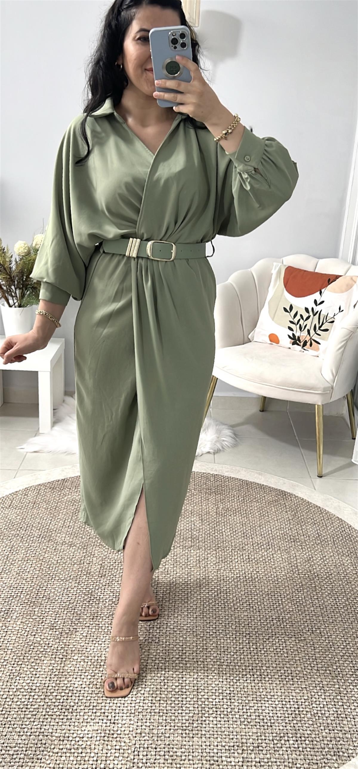 YESİL KRUVAZE KEMERLİ ELBİSE