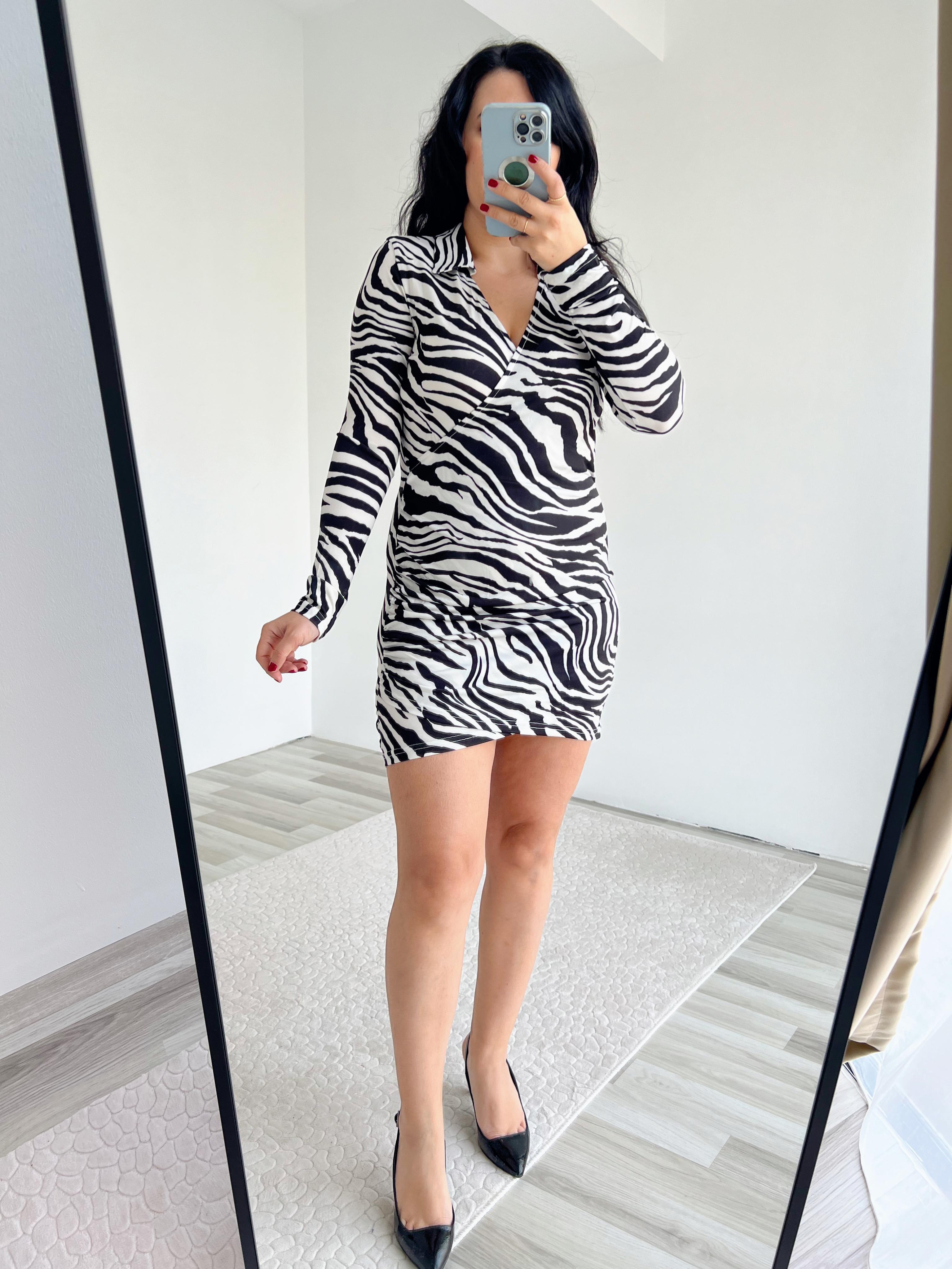 Zebra Desenli Kruvaze Yaka Mini Elbise 