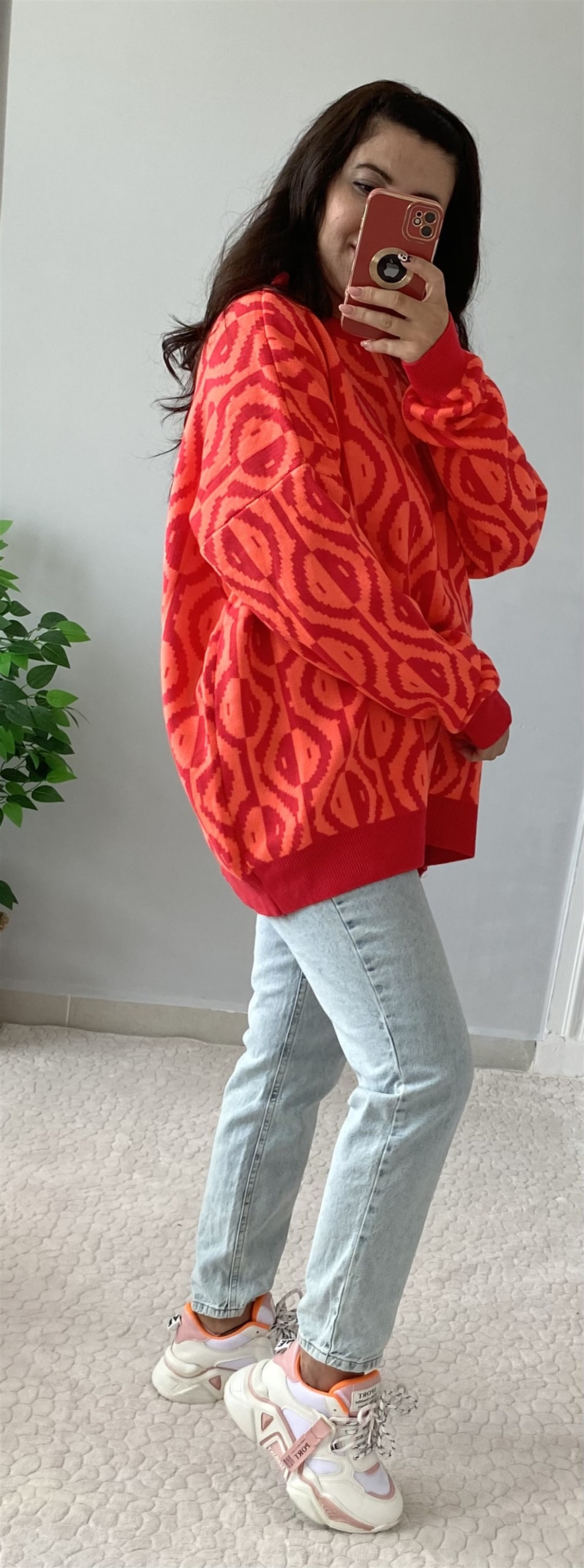 ZİGZAG DESENLİ NEON RENKLİ OVERSIZE KAZAK