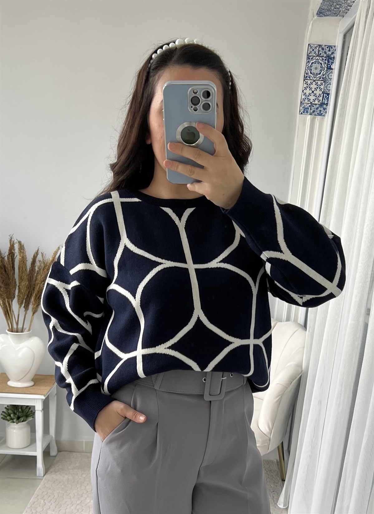 ZİNCİR DESENLİ LACİVERT KAZAK