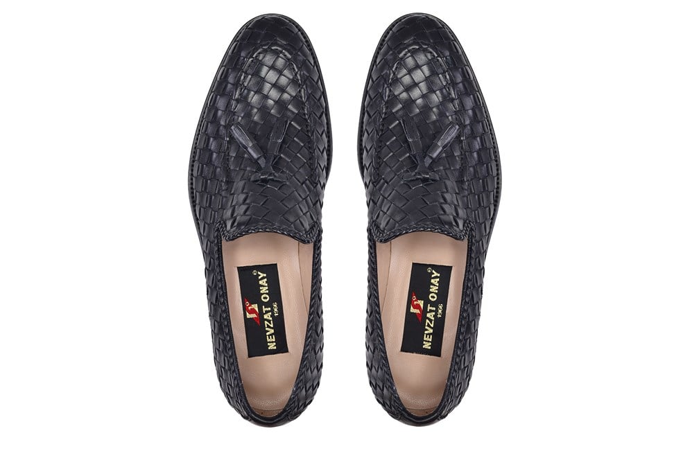 Siyah Deri Püsküllü Erkek Örgü Ayakkabı