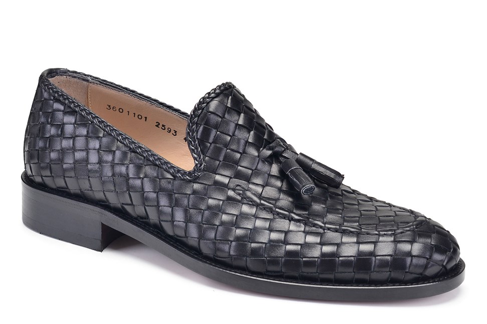 Siyah Deri Püsküllü Erkek Örgü Ayakkabı