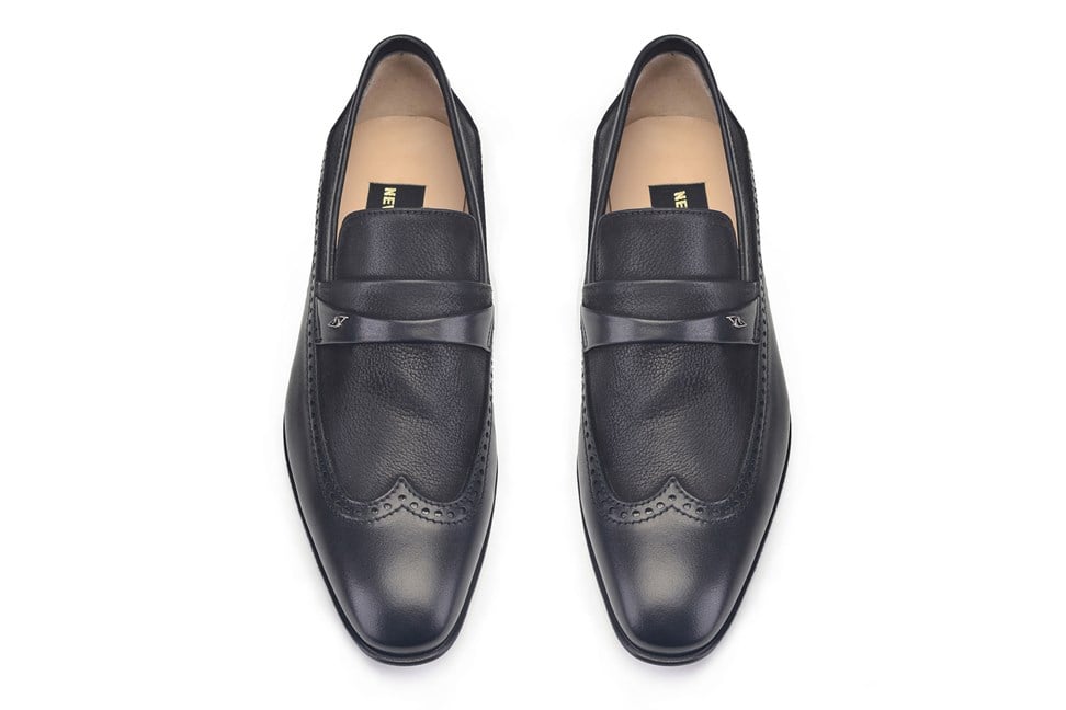 Siyah Bağcıksız Wing Tip Kösele Erkek Ayakkabı