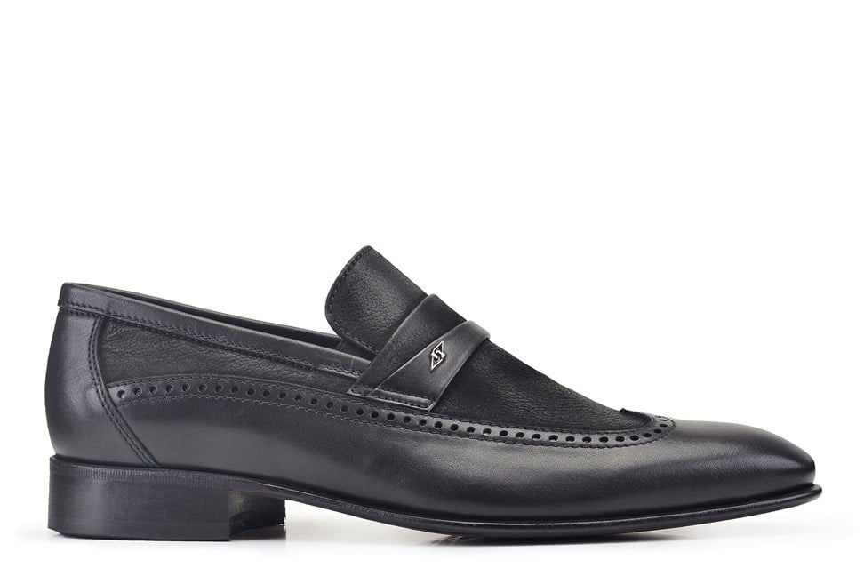 Siyah Bağcıksız Wing Tip Kösele Erkek Ayakkabı