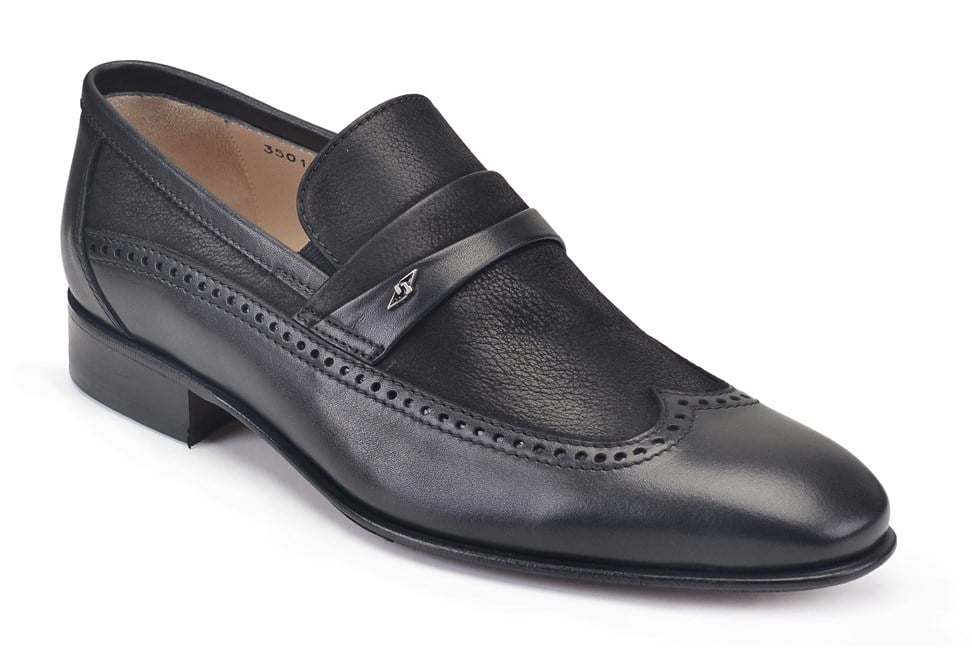 Siyah Bağcıksız Wing Tip Kösele Erkek Ayakkabı