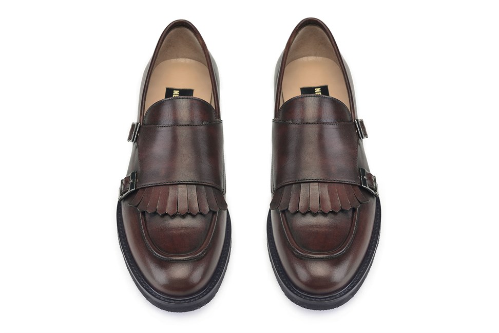 Silme Kahverengi Double Monk Strap Günlük Erkek Ayakkabı