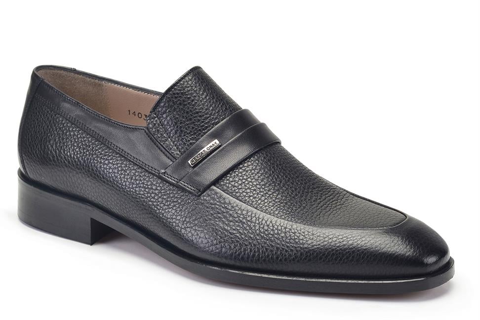 Siyah Klasik Bağcıksız Erkek Kösele Ayakkabı