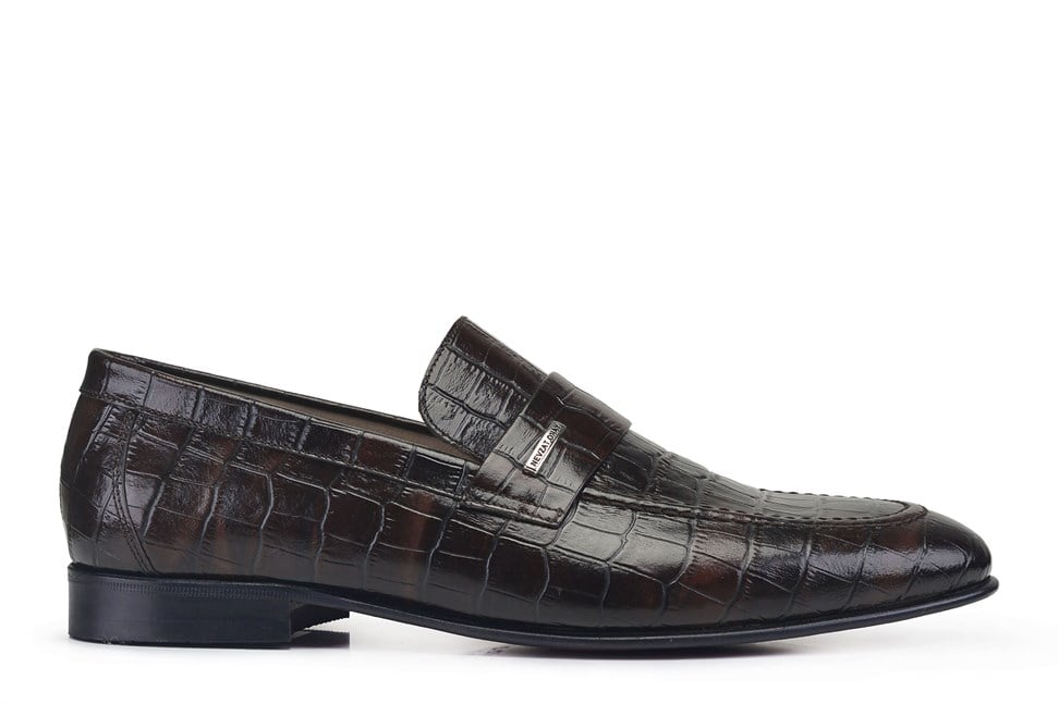 Kahverengi Croc-Embossed Loafer Kösele Erkek Ayakkabı