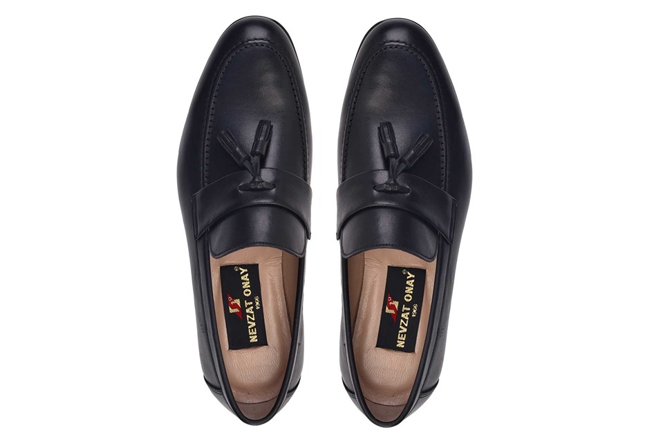 Siyah Püsküllü Klasik Kösele Erkek Loafer Ayakkabı