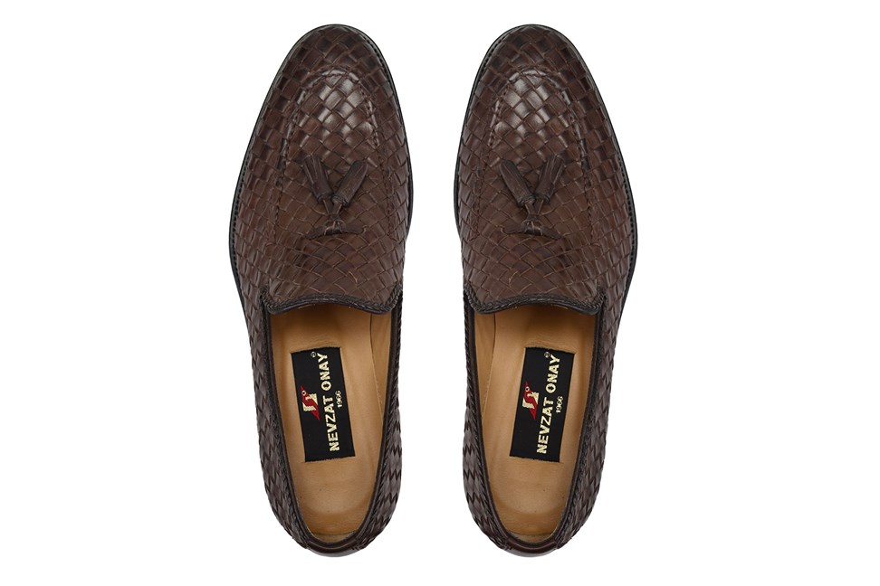 Kahverengi Klasik Loafer Kösele Örgü Ayakkabı -8823-