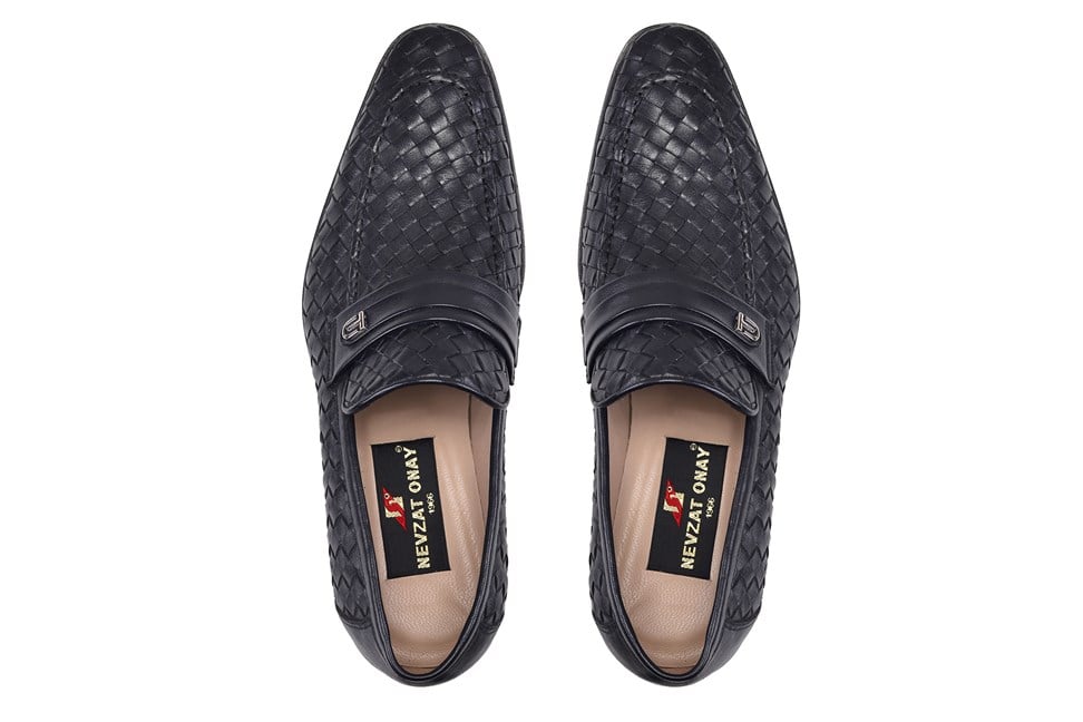 Siyah Deri El Örgüsü Klasik Kösele Erkek Örgü Ayakkabı