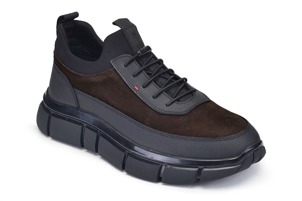Siyah-Nubuk Haki Bağcıklı Sneaker