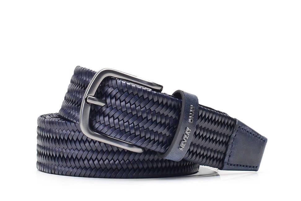 Lacivert İnce Örgü Deri Kemer