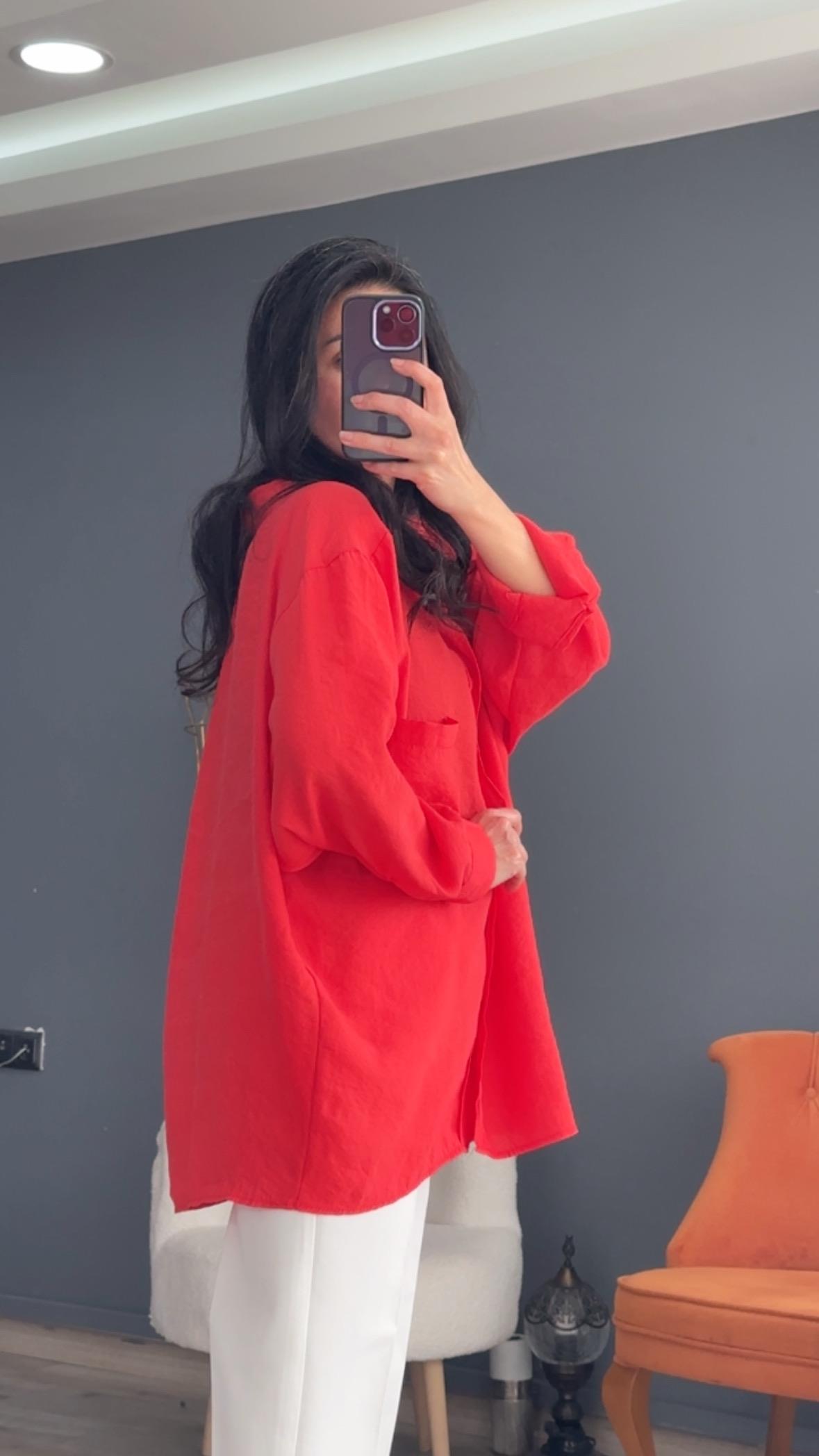 Nar Çiçeği Düşük Omuz Oversize Gömlek