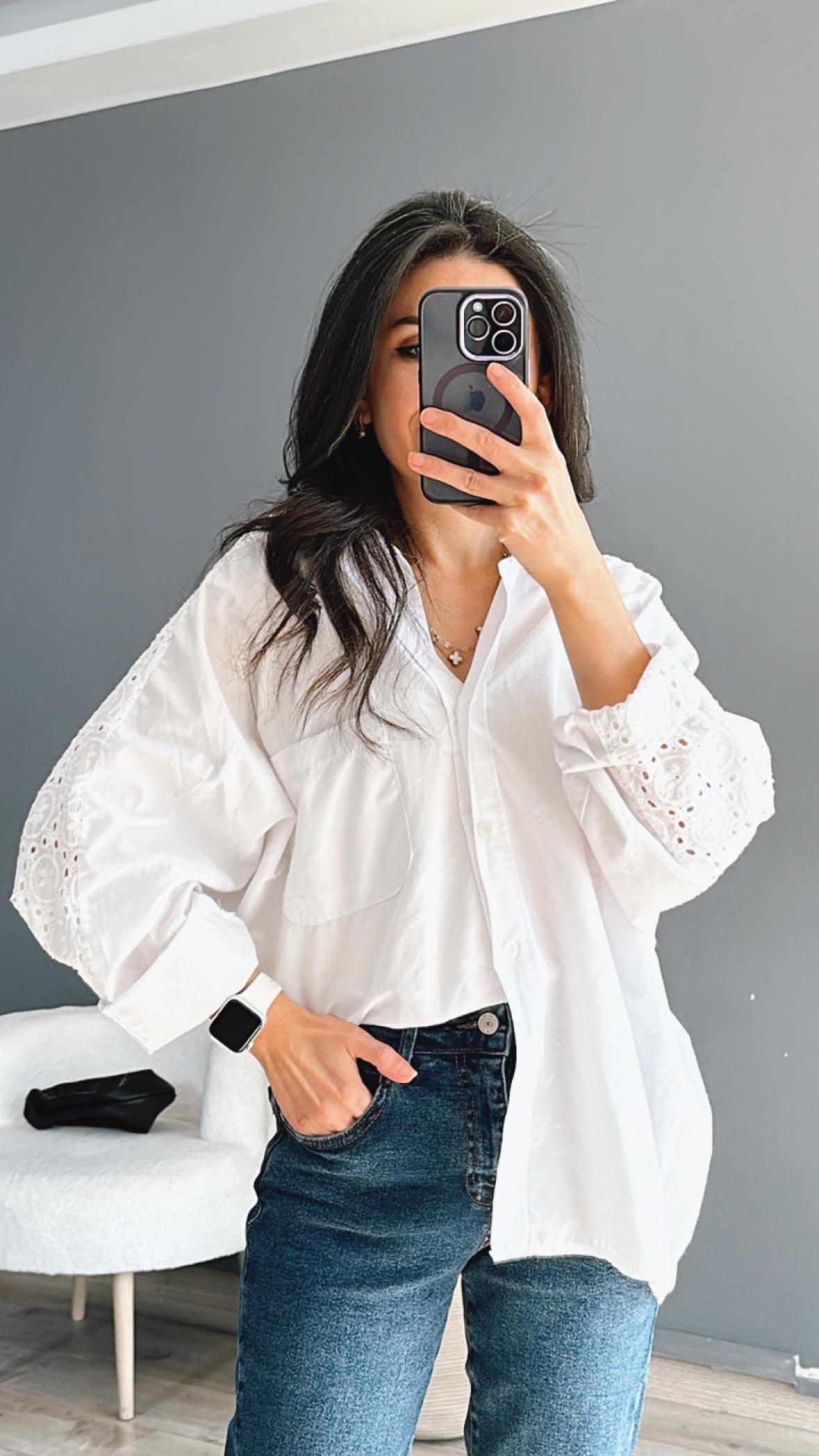 Beyaz Poplin Kumaş Brodeli Oversize Gömlek