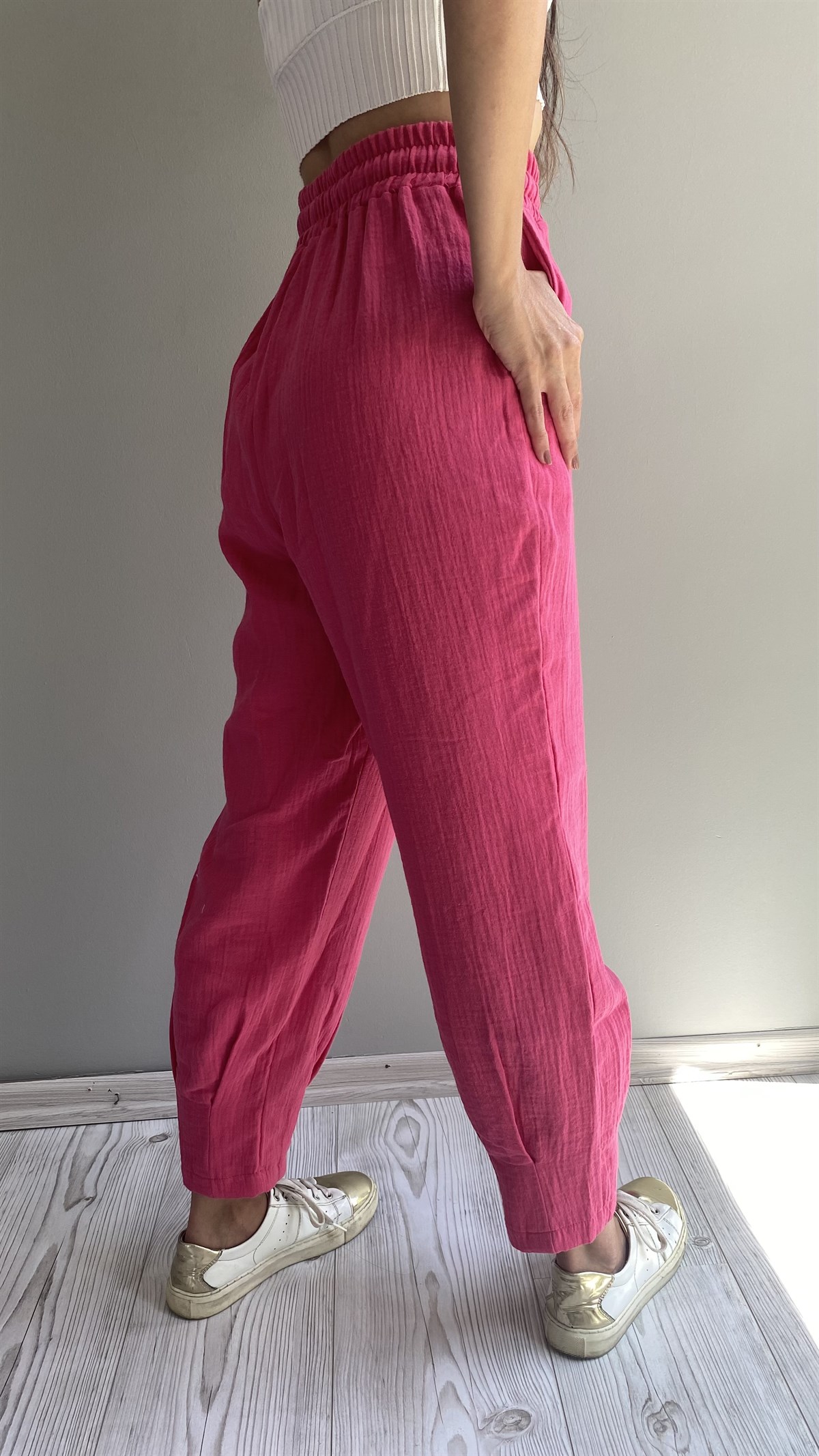 Fuşya Paça Pensli Müslin Pantolon