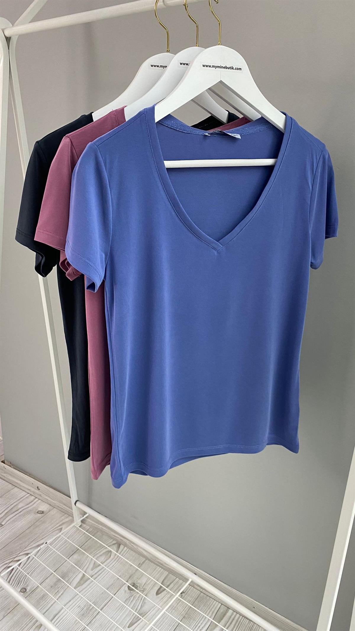 İndigo Mavi V Yaka Modal Kumaş T-Shirt