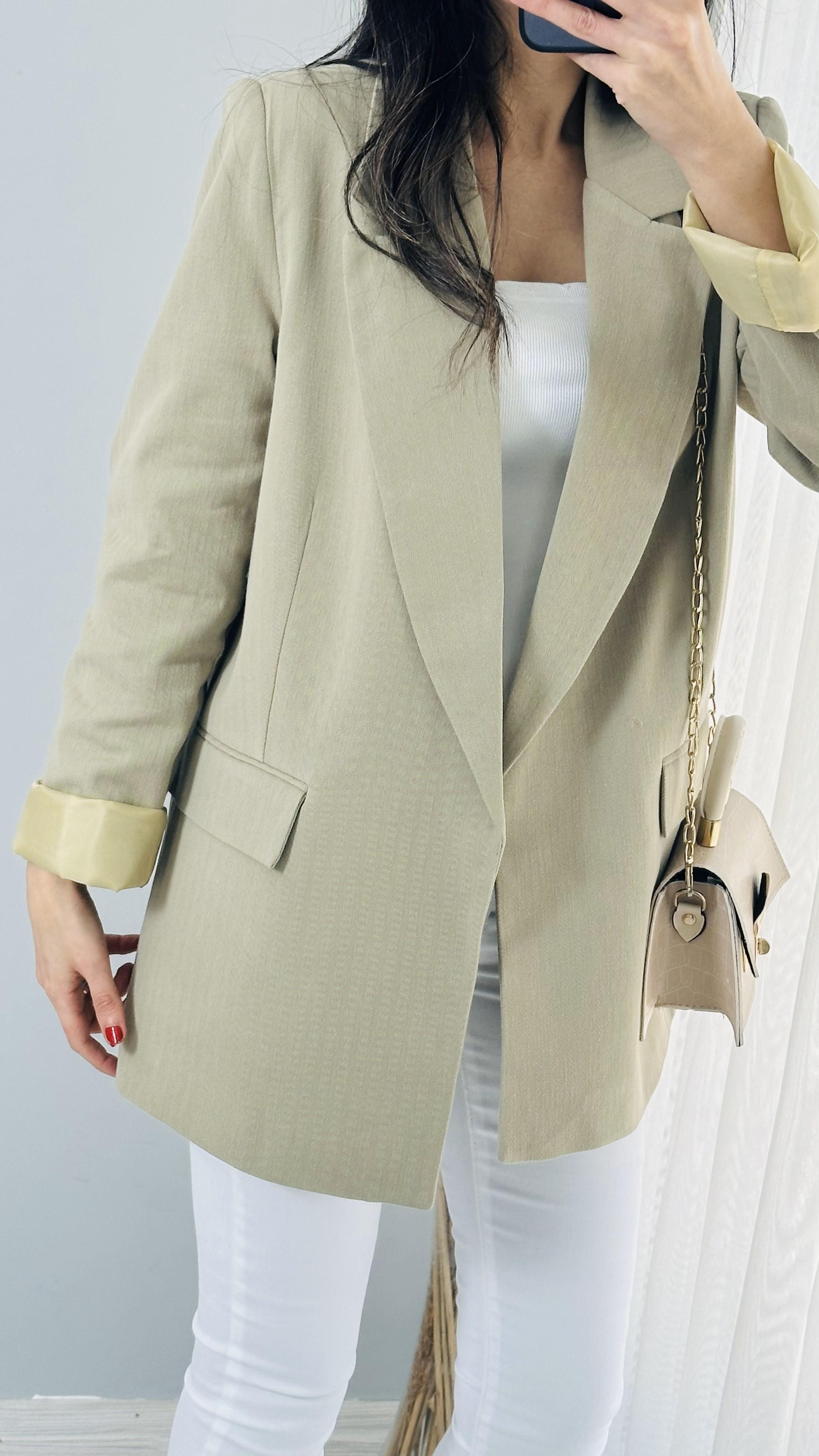 Haki Keten Astarlı Blazer Ceket