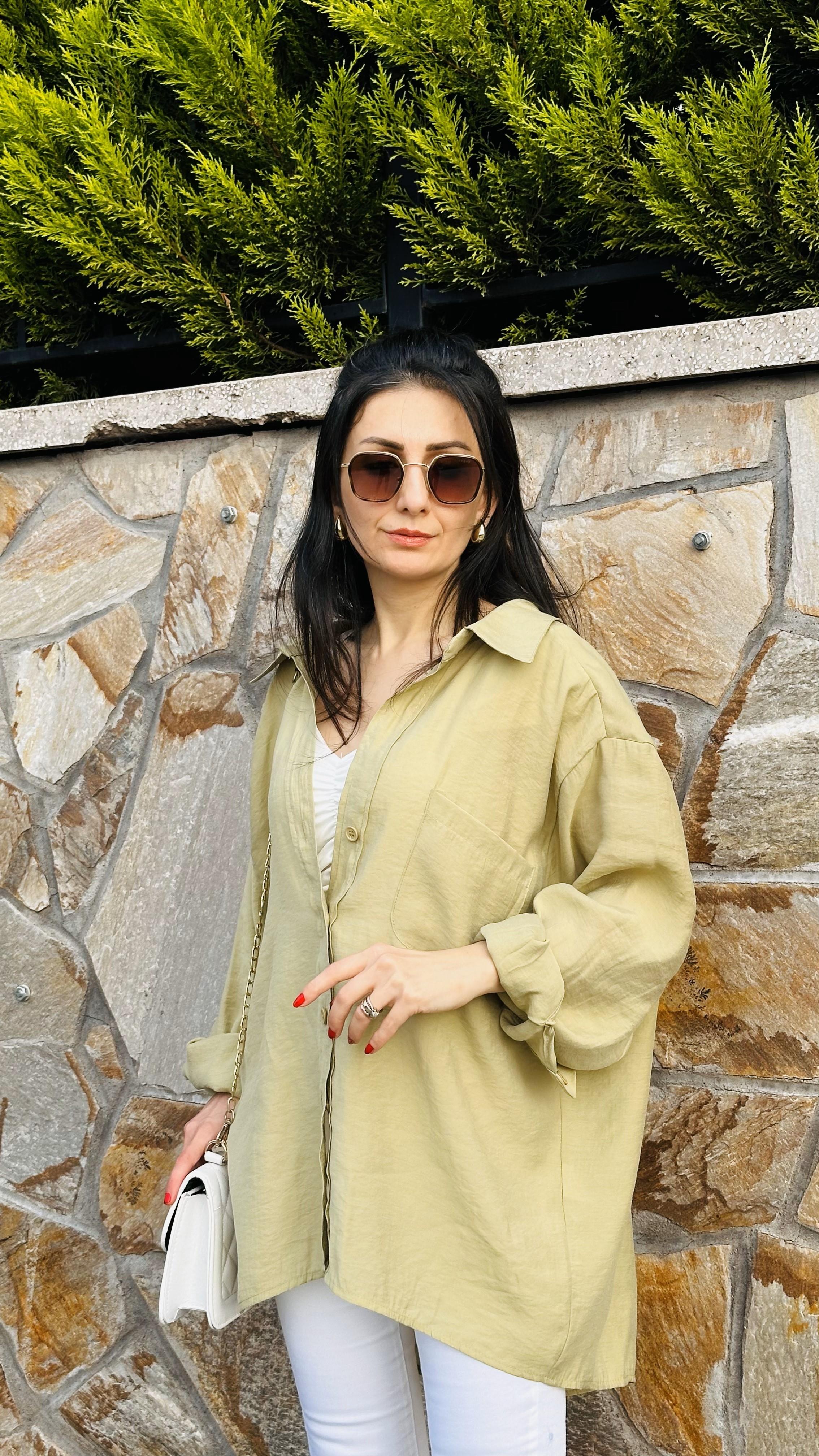 Olive Düşük Omuz Oversize Gömlek