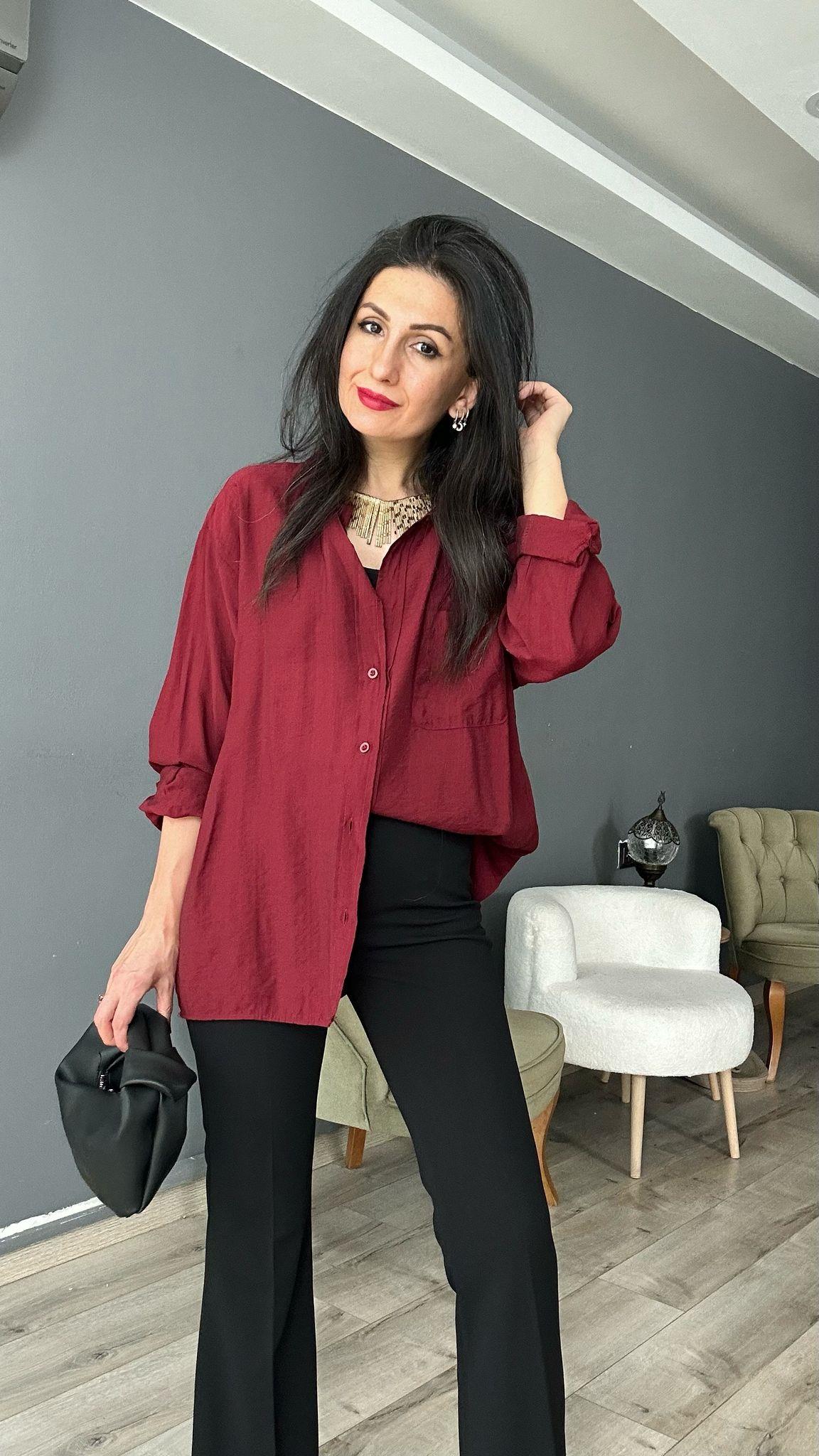 Bordo Cepli Oversize Gömlek